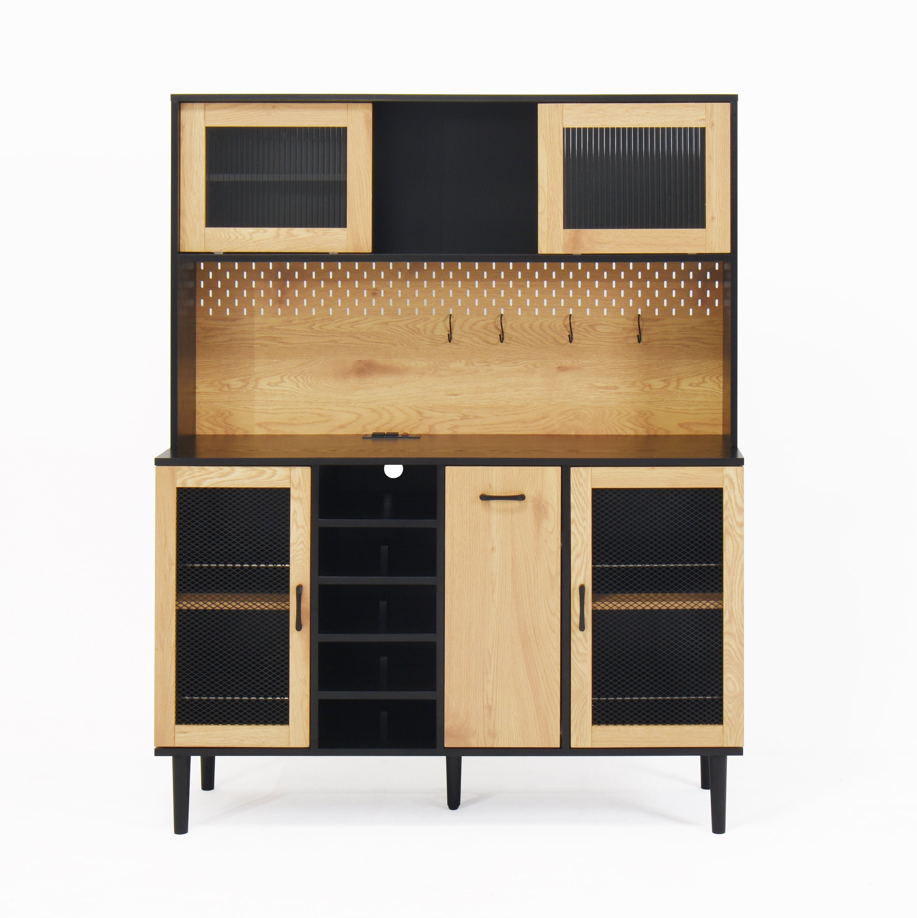 59 "H buffet side cabinet with storage door and power outlet, coffee bar cabinet with wine rack, black and natural colors