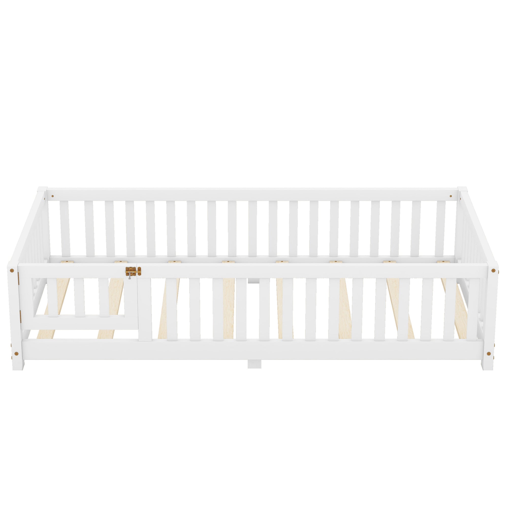 Twin Size Bed Floor Bed with Safety Guardrails and Door for Kids, White