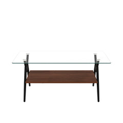 Rectangle Coffee Table with Tempered Glass top and Black Metal Legs, Modern Table for Living Room , Transparent Glass