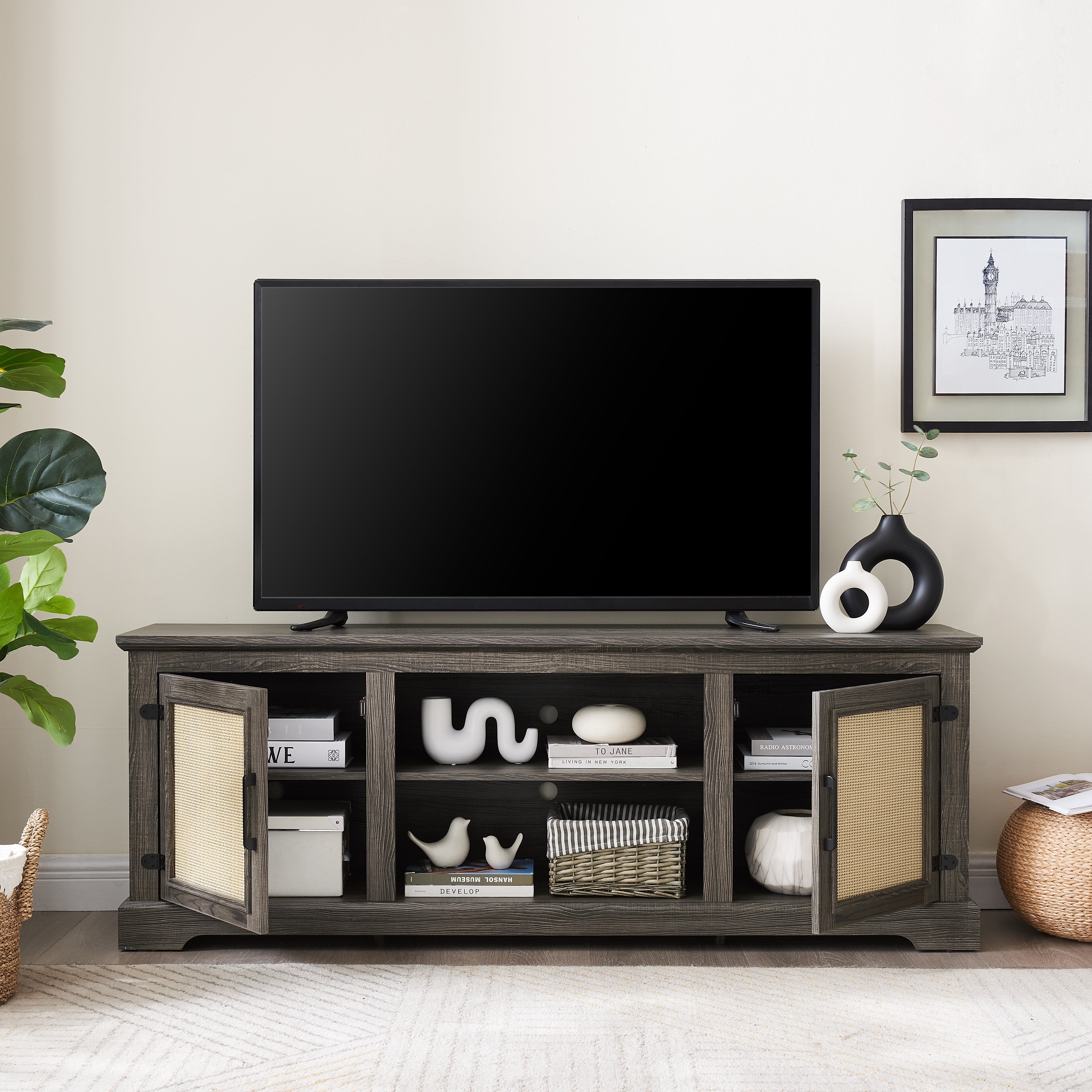 Vine TV stand console table, suitable for TVs under 70 inches, equipped with 2 storage shelves and 2 natural rattan doors, gray