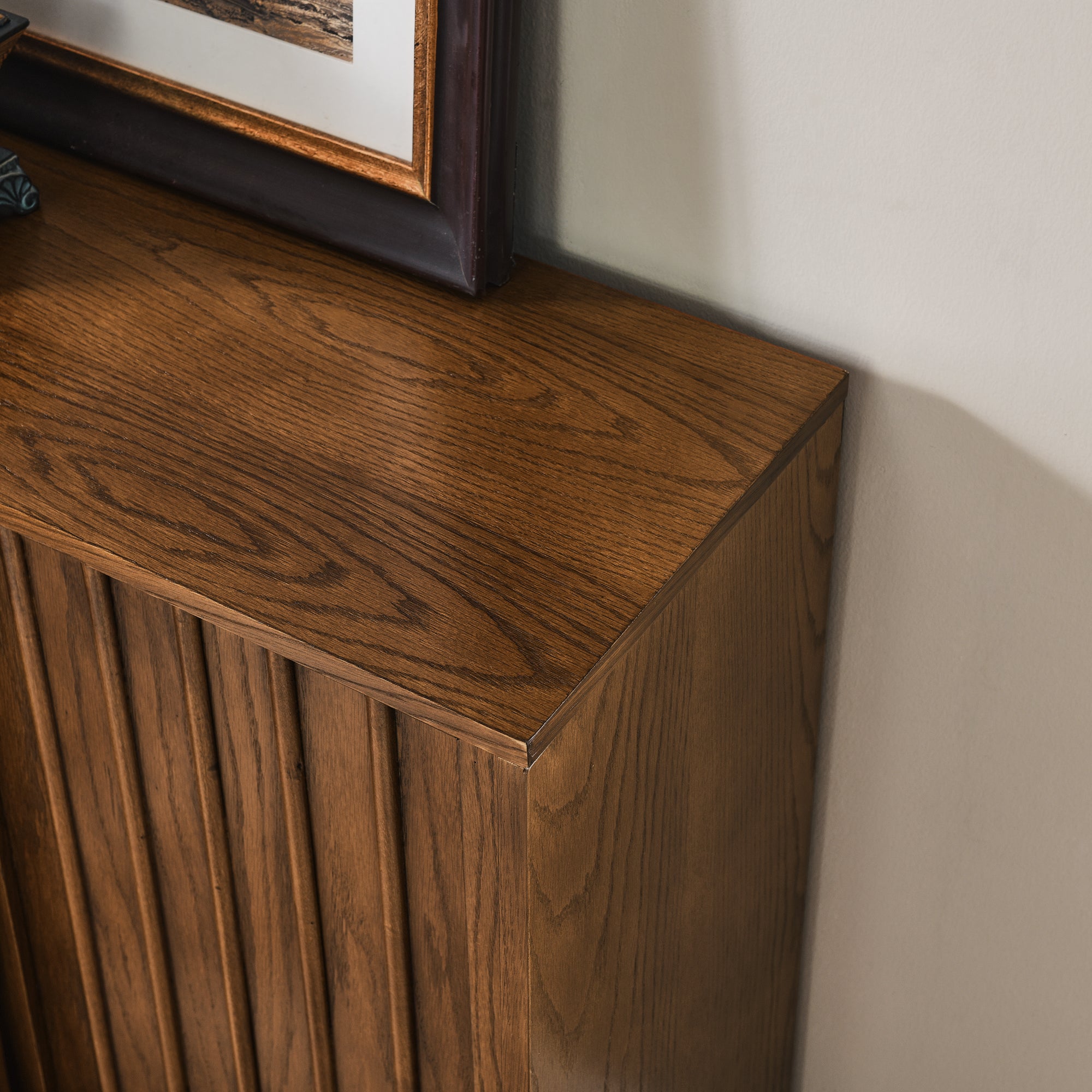 Medieval side panel with 2 sliding doors and solid wood decorative strips, storage cabinet