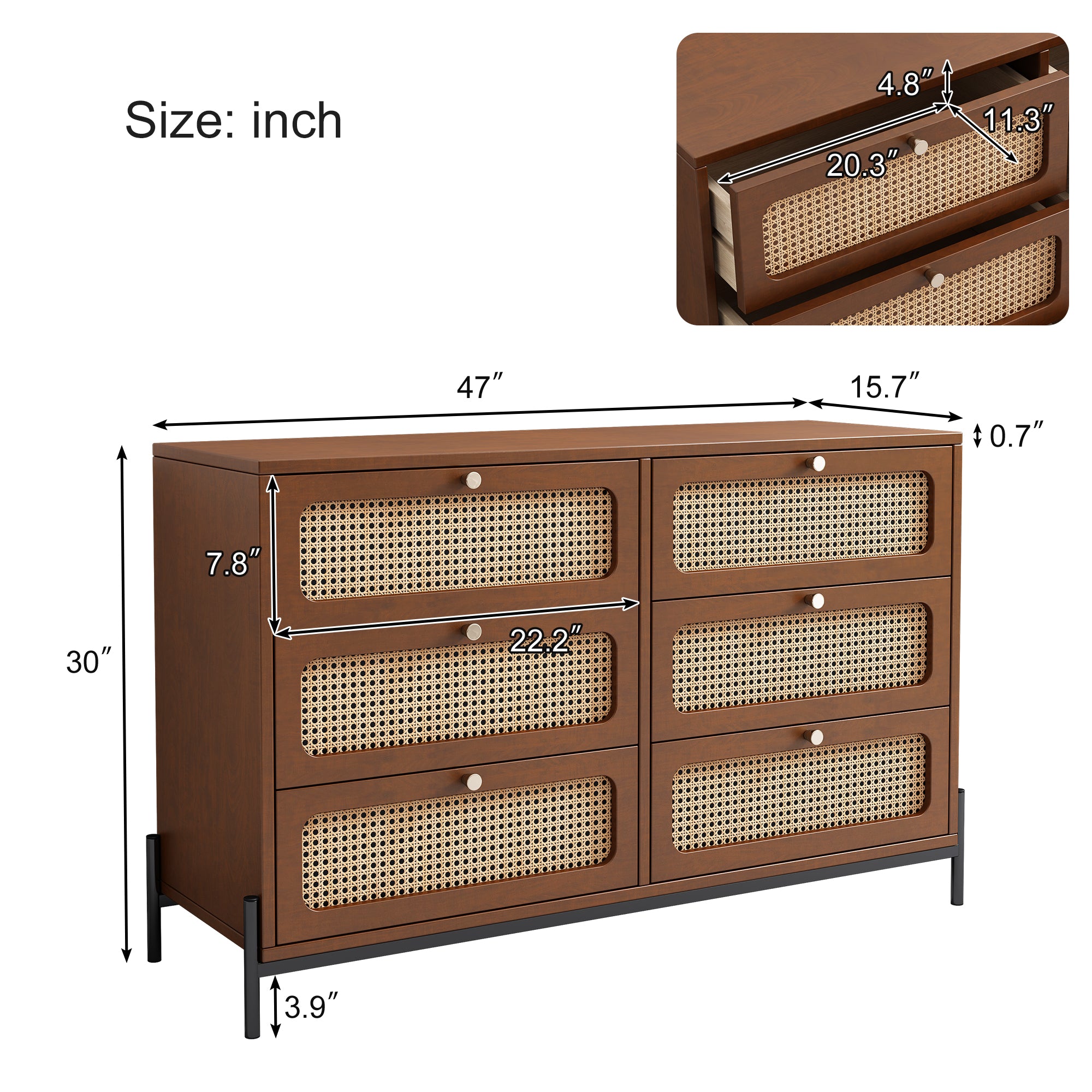 Modern hemp vine wood closet with 6 drawers, dressing table, wooden storage cabinet side panel, walnut wood