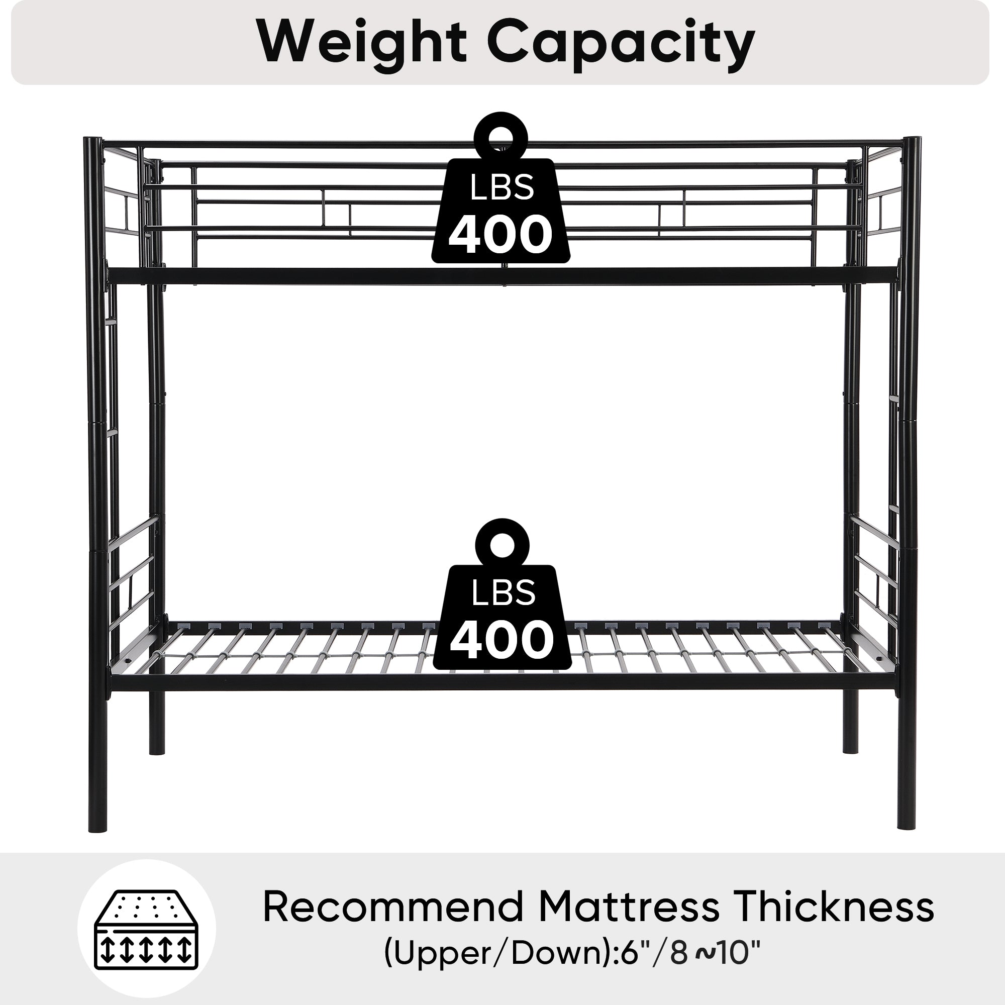 Double decker bed, size above twin bed, with 2 ladders and full-length guardrail, metal, storage space, black