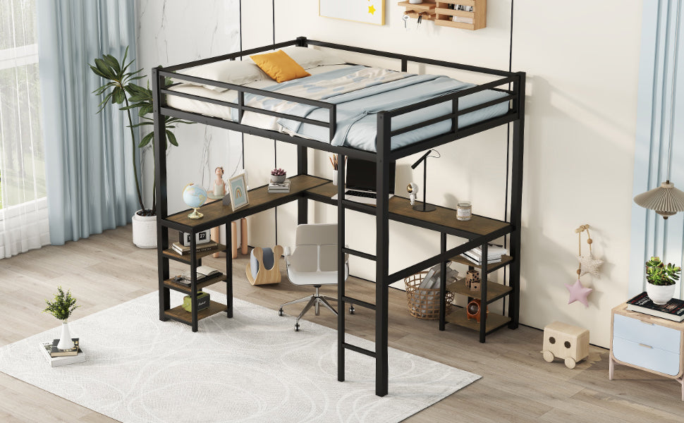 Full metal loft bed with desk and shelf, loft bed with ladder and guardrail, black with retro wood desk