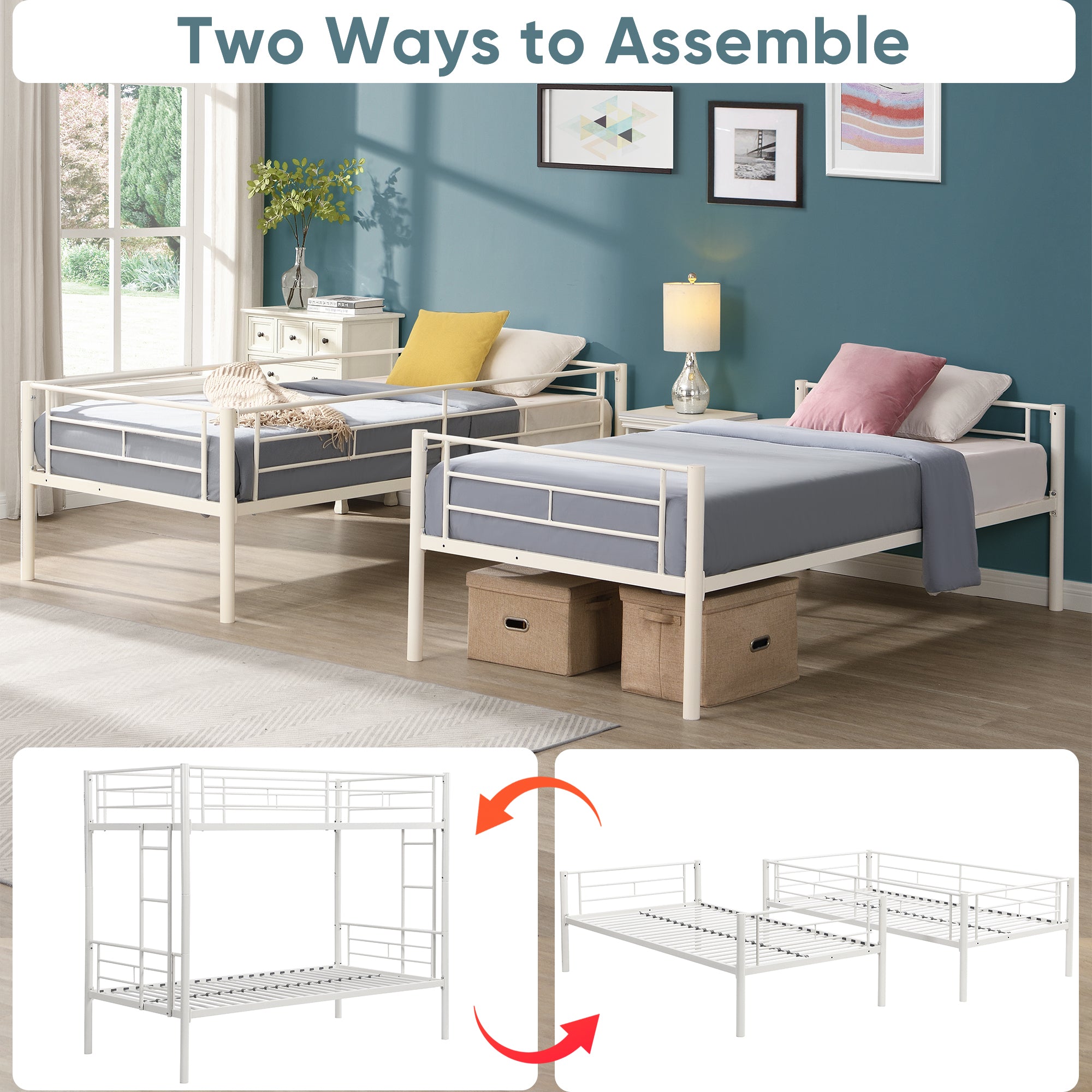 Twin metal bunk beds, metal structure bed frame with safety guardrails and 2 ladders, convertible bunk beds, white