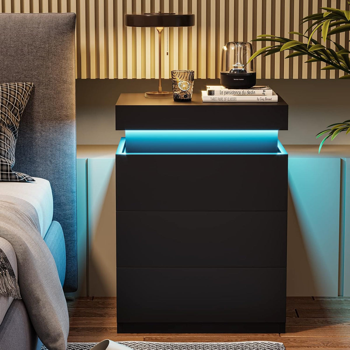 LED Black Nightstand Modern Multi-Colour LED Night Table Bedside Tables for Bedroom, Living Room