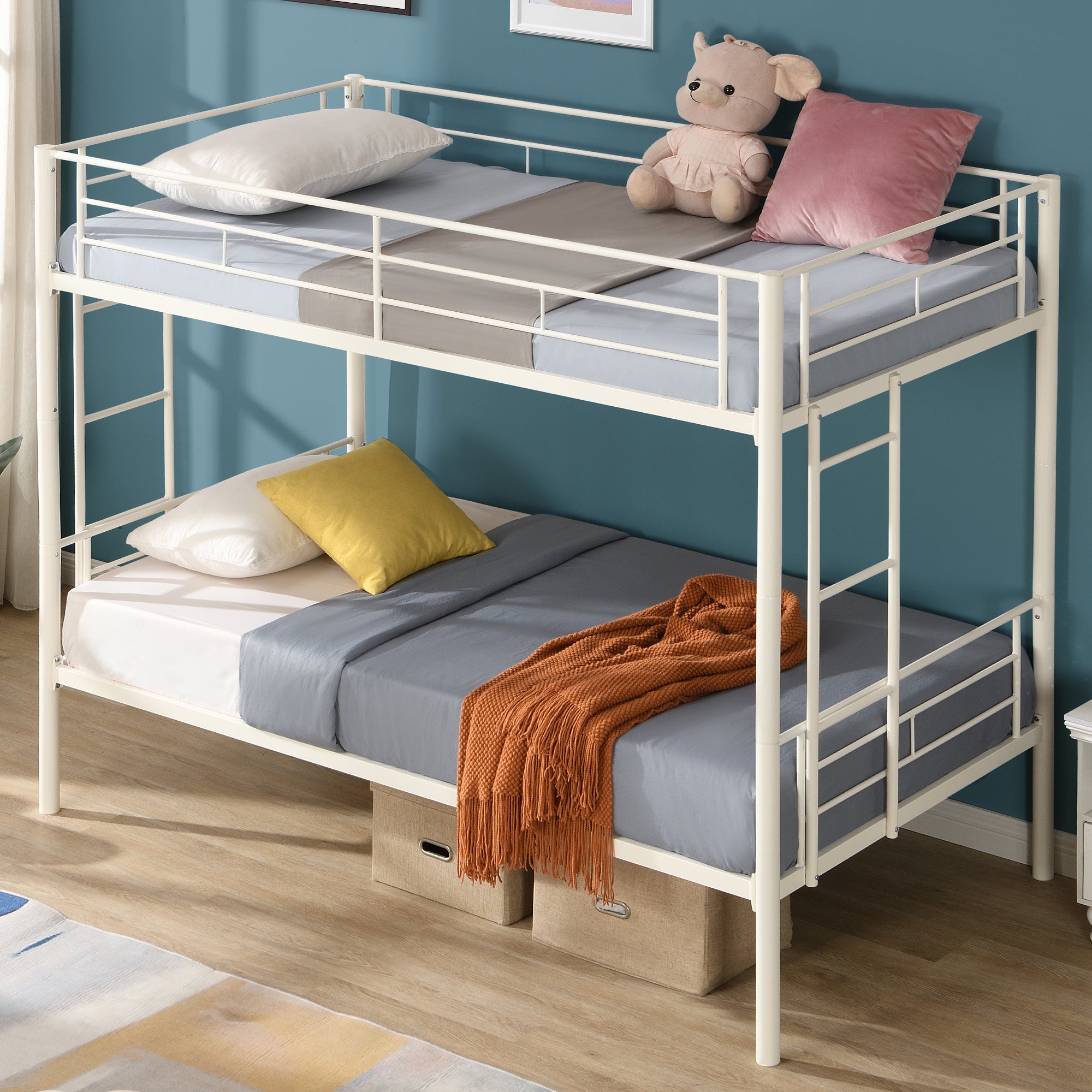 Twin metal bunk beds, metal structure bed frame with safety guardrails and 2 ladders, convertible bunk beds, white