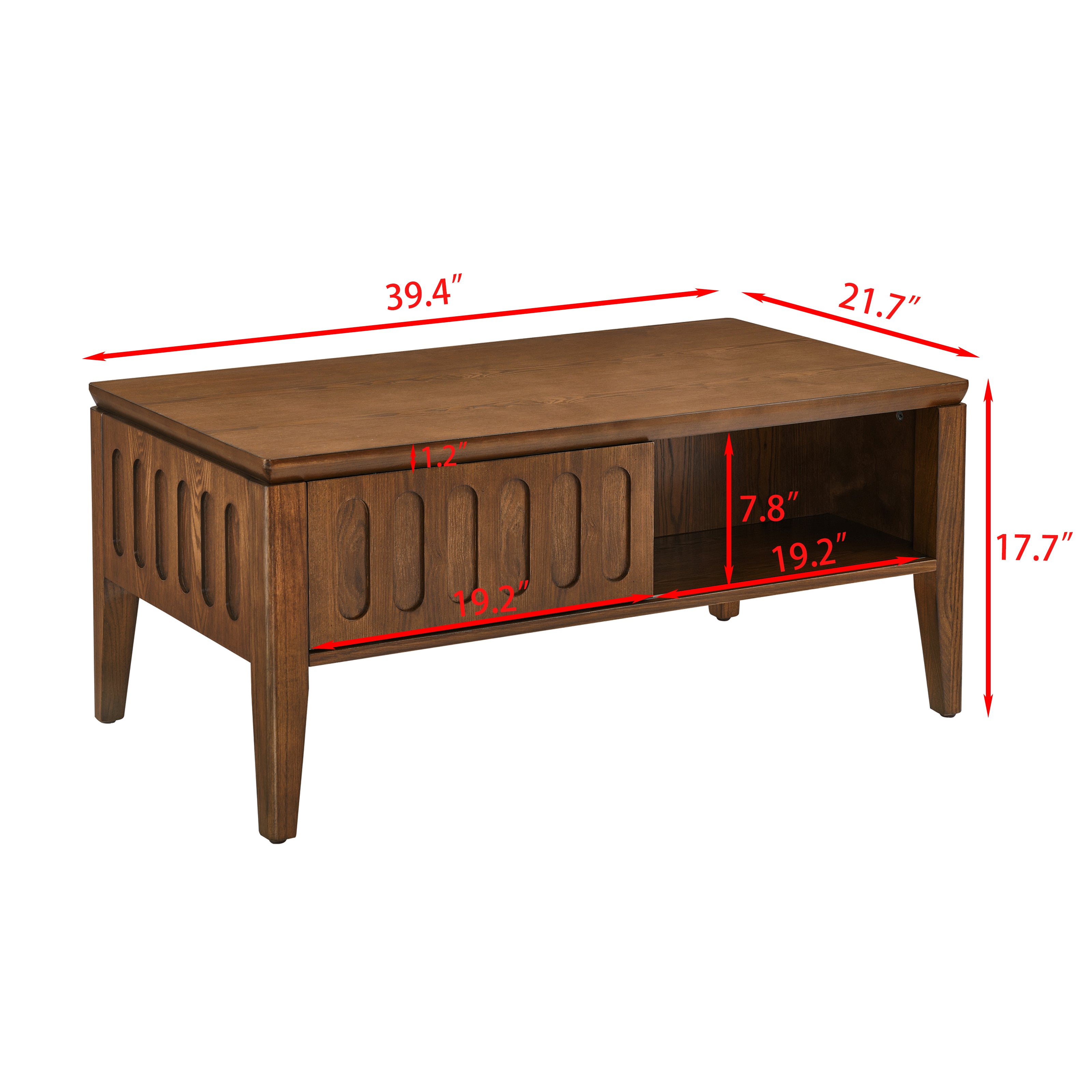 Medieval modern flute coffee table with storage sliding door and solid wood legs, vintage farmhouse wood central table