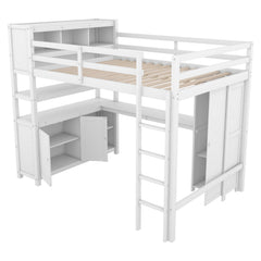 Wood Loft Bed with Cabinet and Bookshelf, Full Size Loft with Wardrobe and Desk for Kids,White