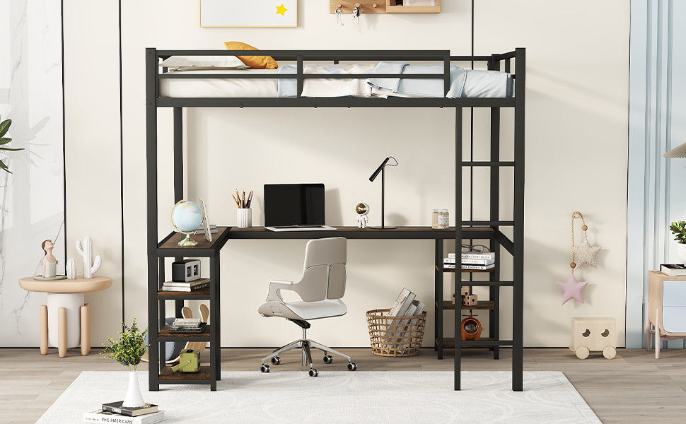 Full metal loft bed with desk and shelf, loft bed with ladder and guardrail, black with retro wood desk