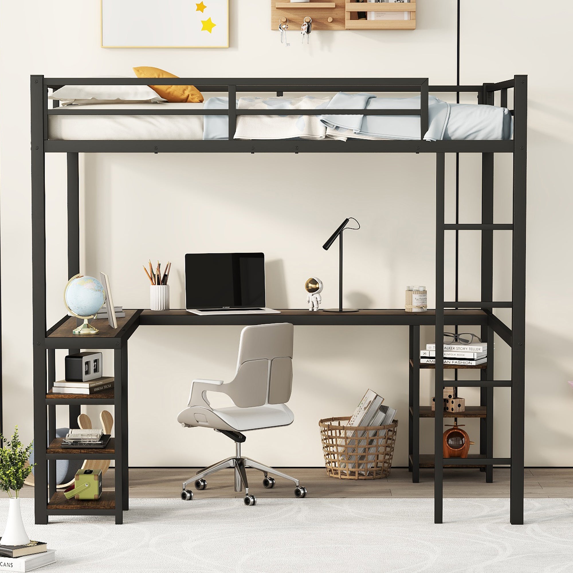 Full metal loft bed with desk and shelf, loft bed with ladder and guardrail, black with retro wood desk