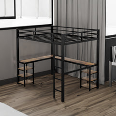 Full metal loft bed with desk and shelf, loft bed with ladder and guardrail, black with retro wood desk