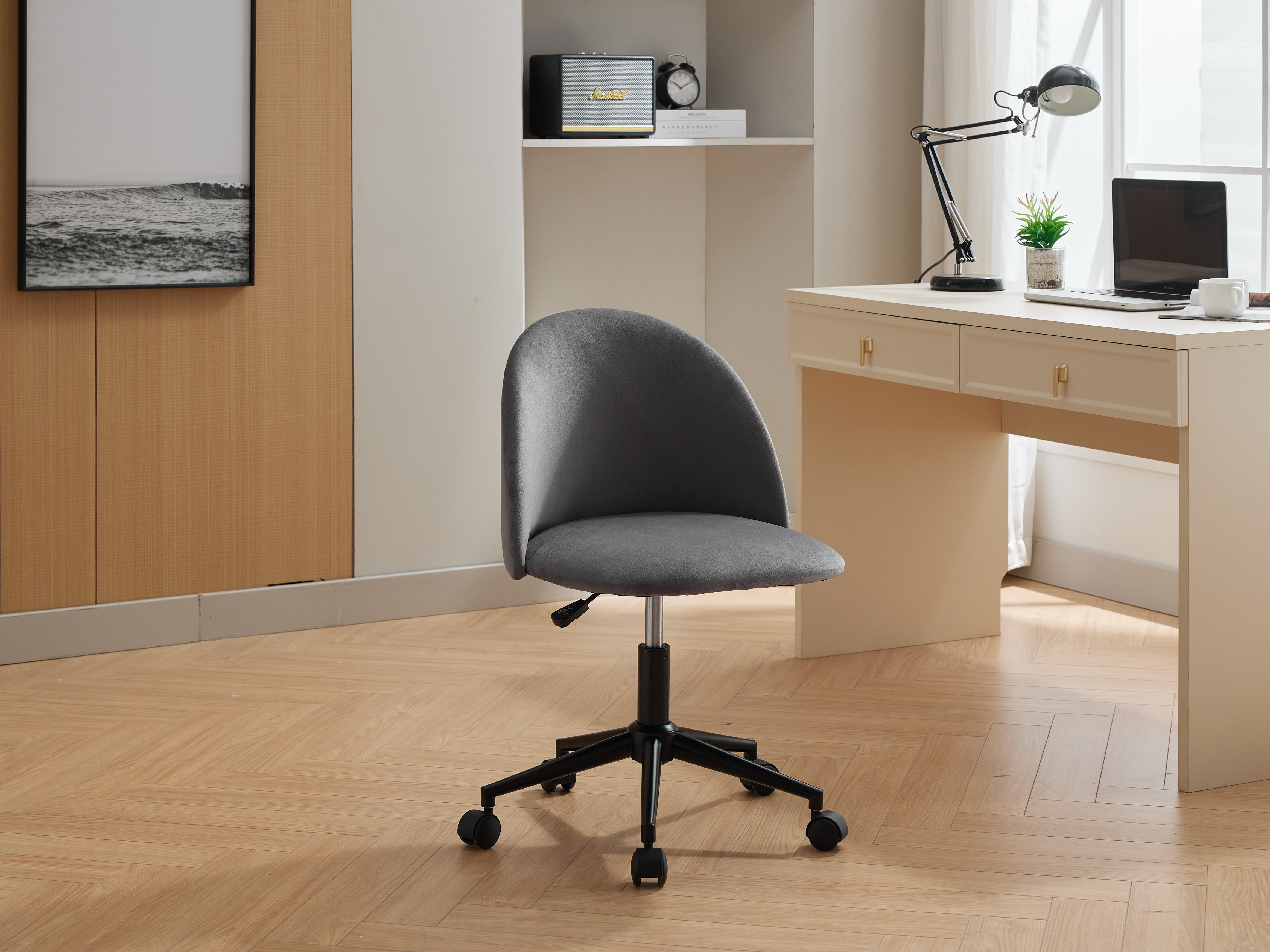 Velvet fabric office chair, mid back adjustable rotating computer chair, black legs, cushioned office chair with wheels