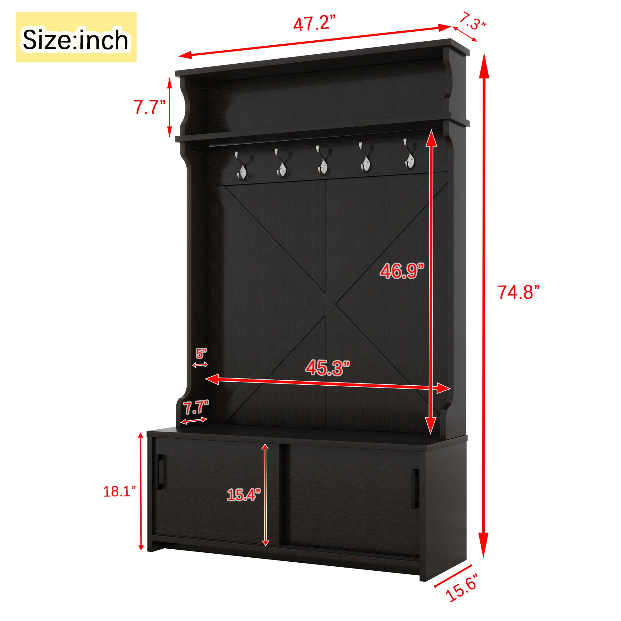 Hall tree with roof rack and storage platform, corridor shoe cabinet with sliding door, clothes hanger with 5 hooks black