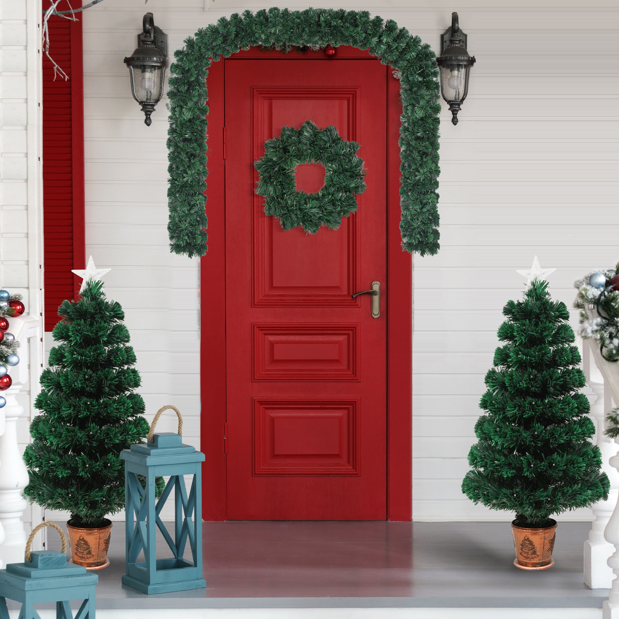 4-piece Christmas artificial tree set, Christmas wreath, wreath and 2 colored light entrance trees, PVC holiday celebration set