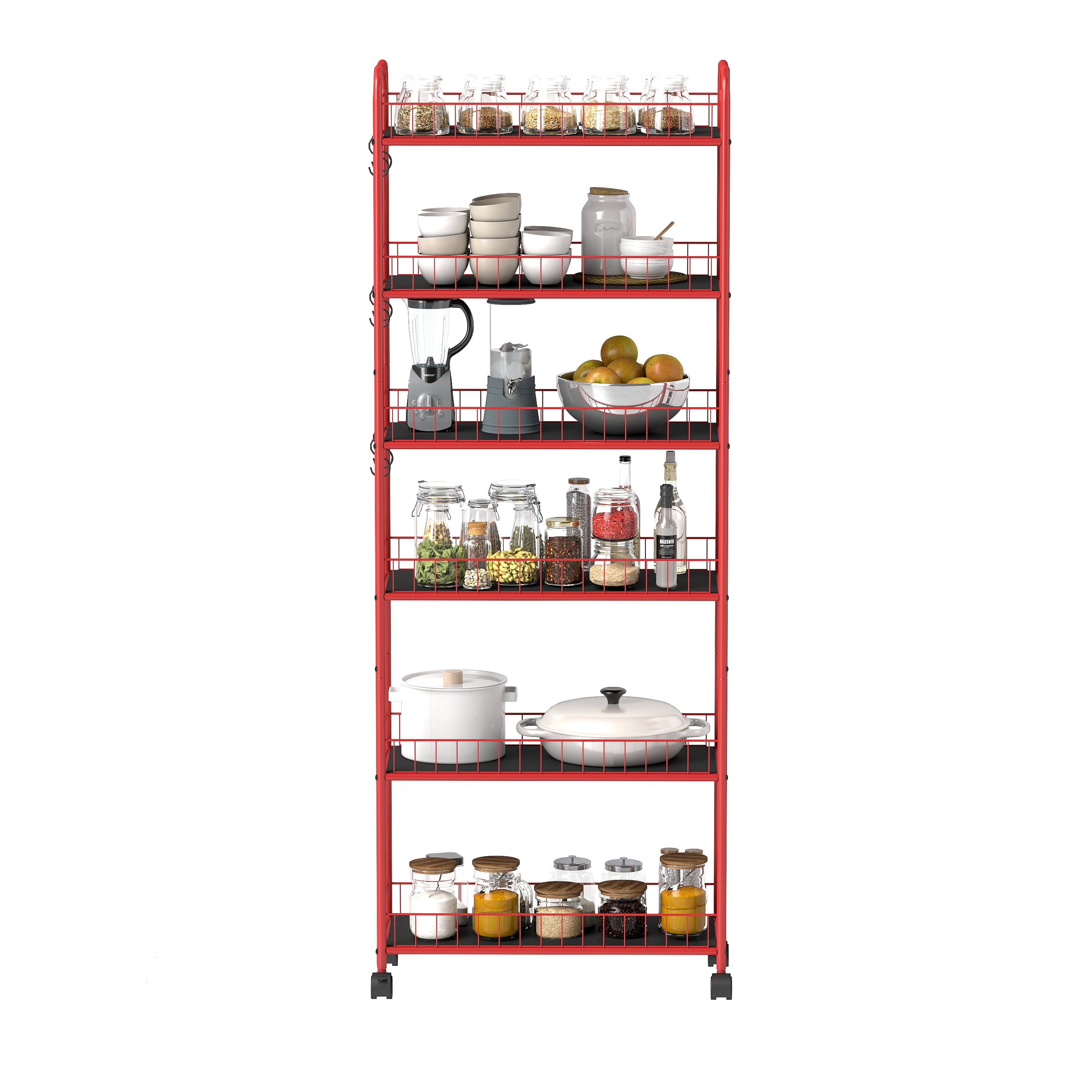 Red 6-story ultra-thin rolling storage cart, mobile shelves with wheels, metal wire storage rack with baskets