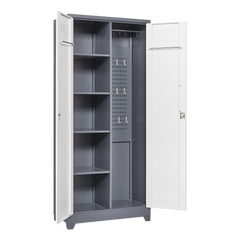 Metal storage cabinets, lockable cleaning tool cabinets, high broom tool organizers, and large storage cabinets in storage store