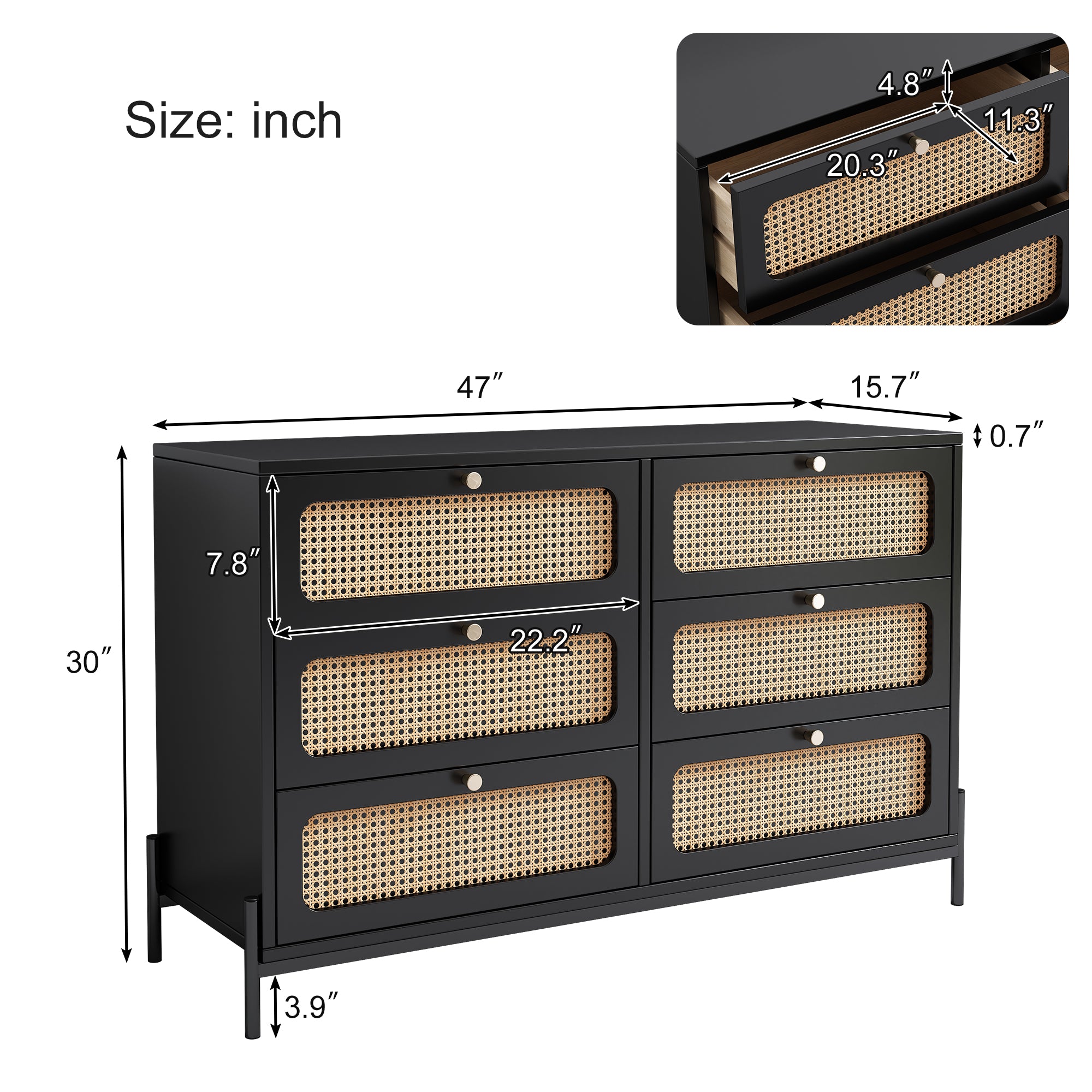 Modern hemp vine wood closet with 6 drawers, dressing table, wooden storage cabinet side panel, black