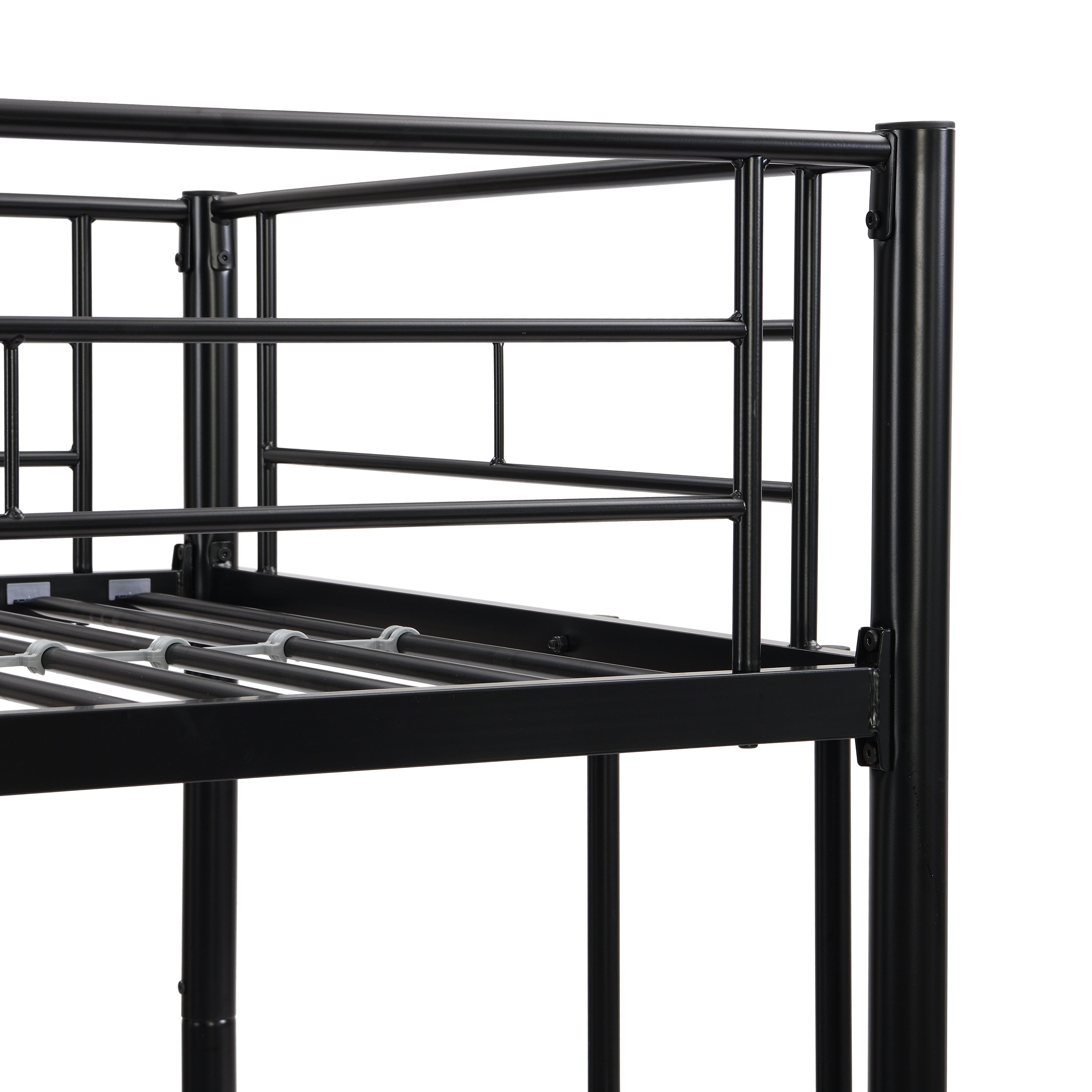 Double decker bed, size above twin bed, with 2 ladders and full-length guardrail, metal, storage space, black