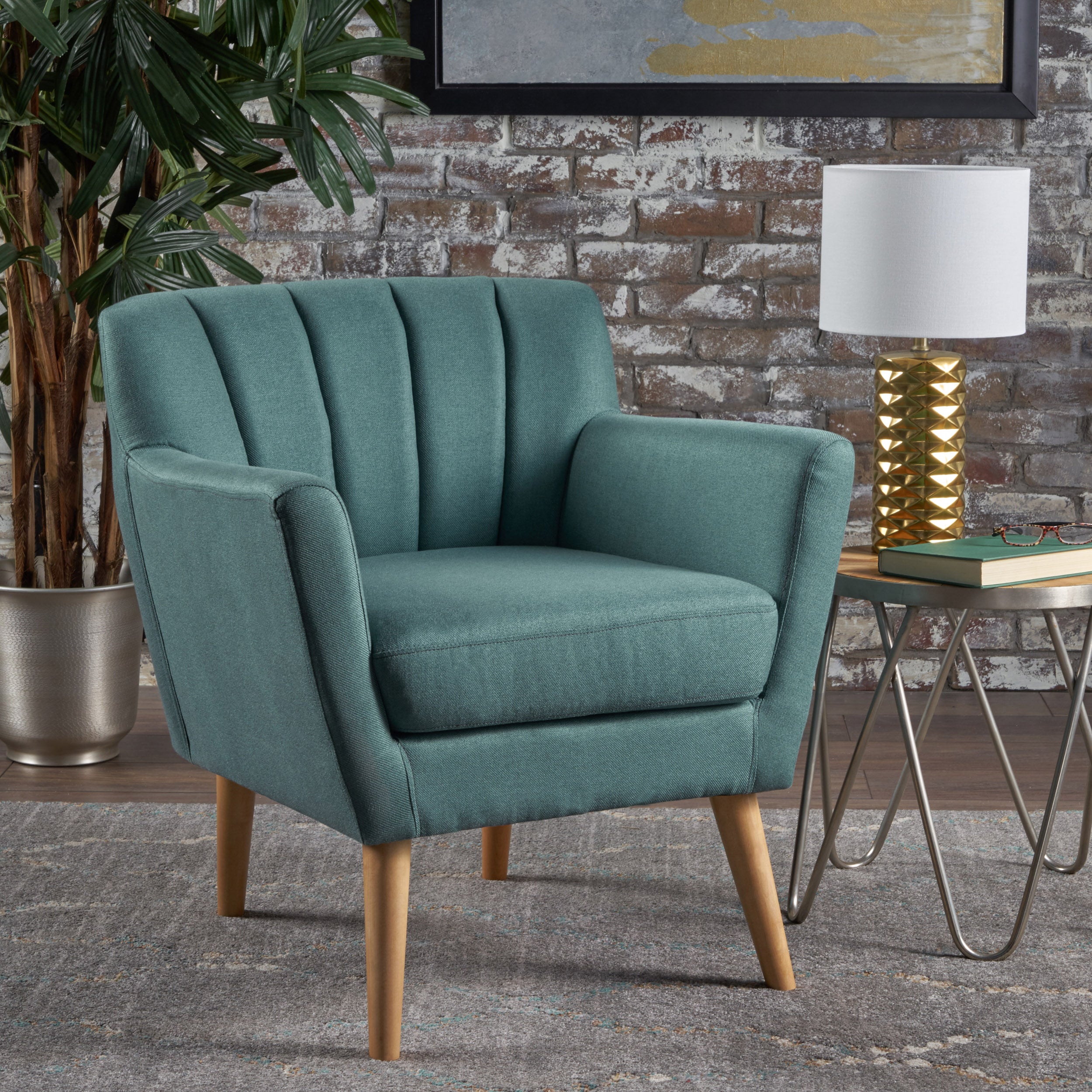 Mid Century Modern Fabric Club Chair, 28.30" W x 27.60" D x 31.50" H, Dark Teal/Natural