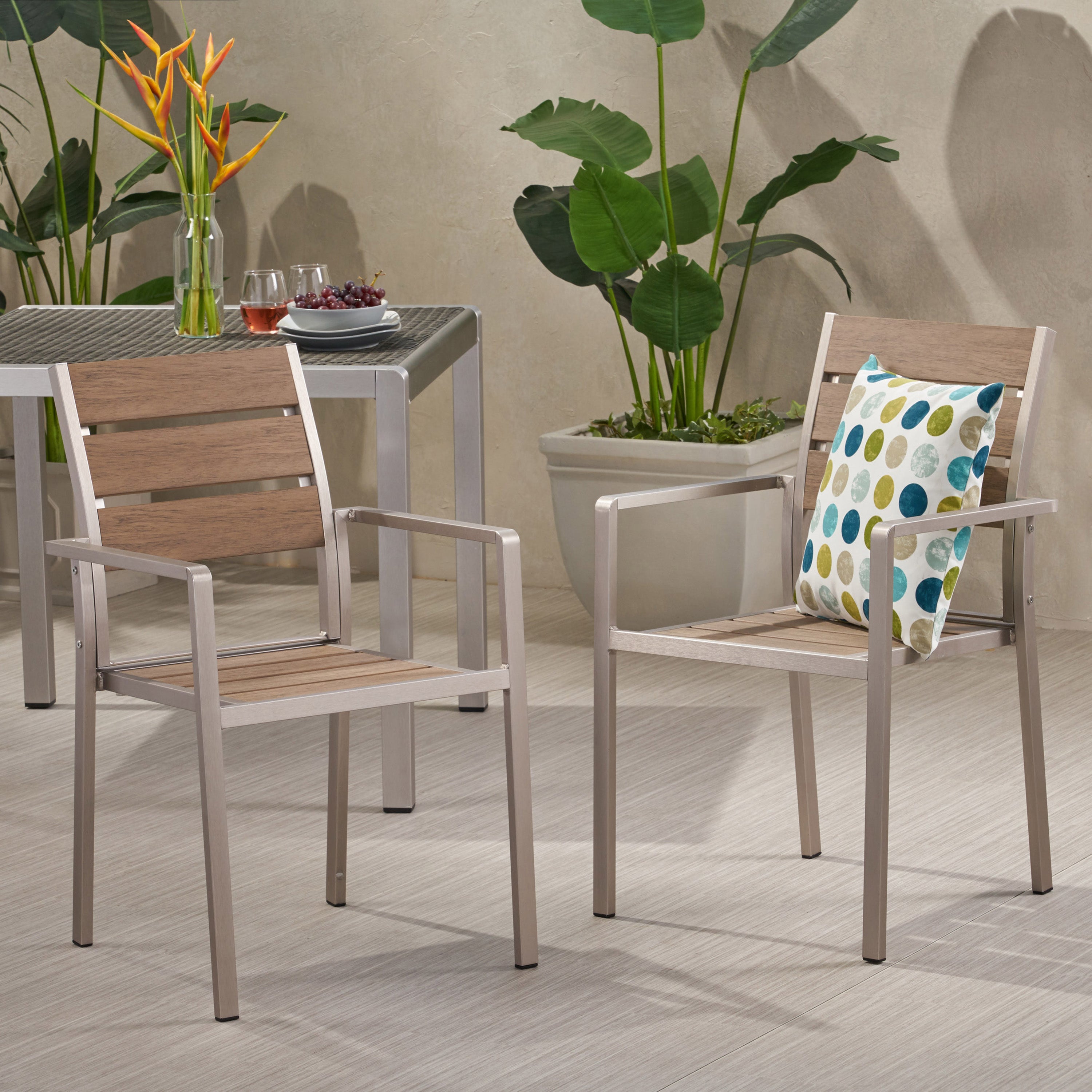 Outdoor Modern Aluminum Dining Chair with Faux Wood Seat (Set of 2), Natural and Silver