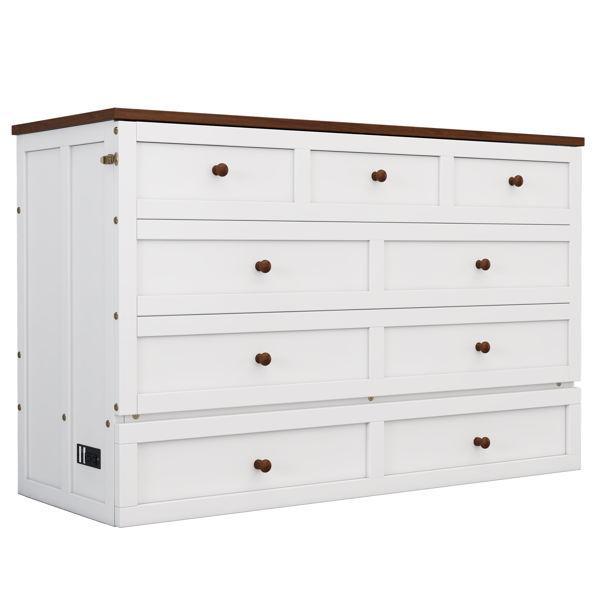 Solid Pine Murphy Bed Chest with Charging Station and Large Storage Drawer for Home Office or Small Room , Queen, White+Walnut