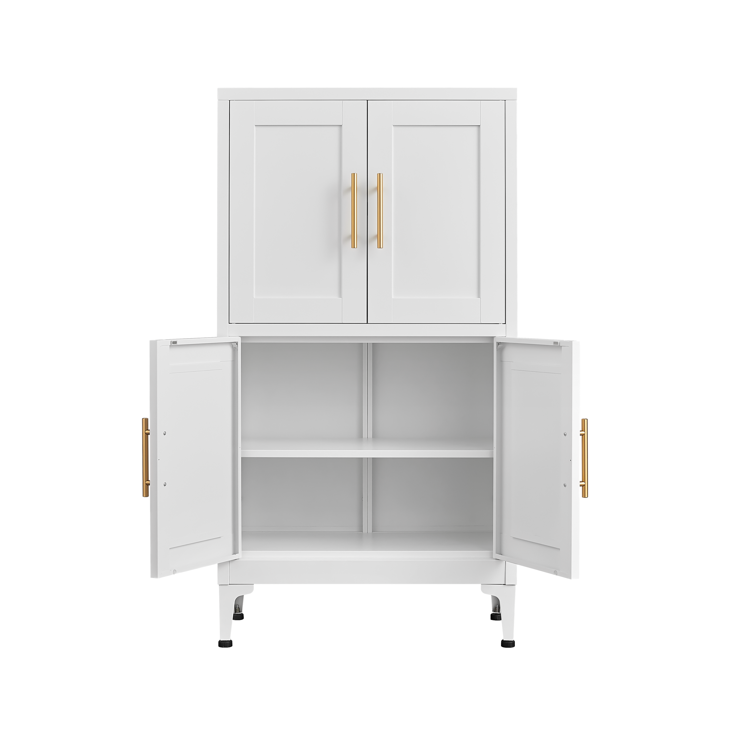 White metal kitchen storage cabinet, kitchen pantry storage cabinet with door and shelf, adjustable leveling feet