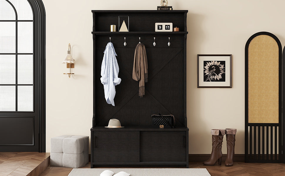 Hall tree with roof rack and storage platform, corridor shoe cabinet with sliding door, clothes hanger with 5 hooks black