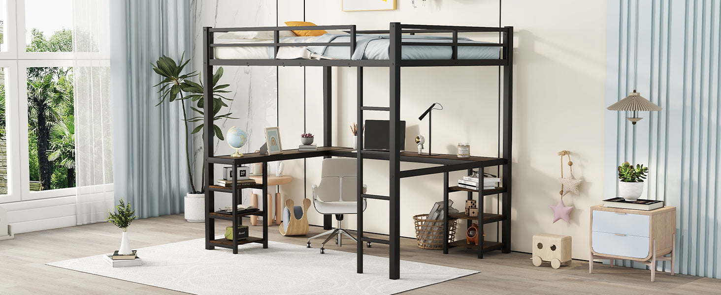 Full metal loft bed with desk and shelf, loft bed with ladder and guardrail, black with retro wood desk