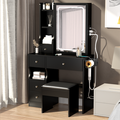 Left drawer desktop vanity+cushioned stool, 2 AC+2 USB power stations, touch sliding LED mirror, tri color switch