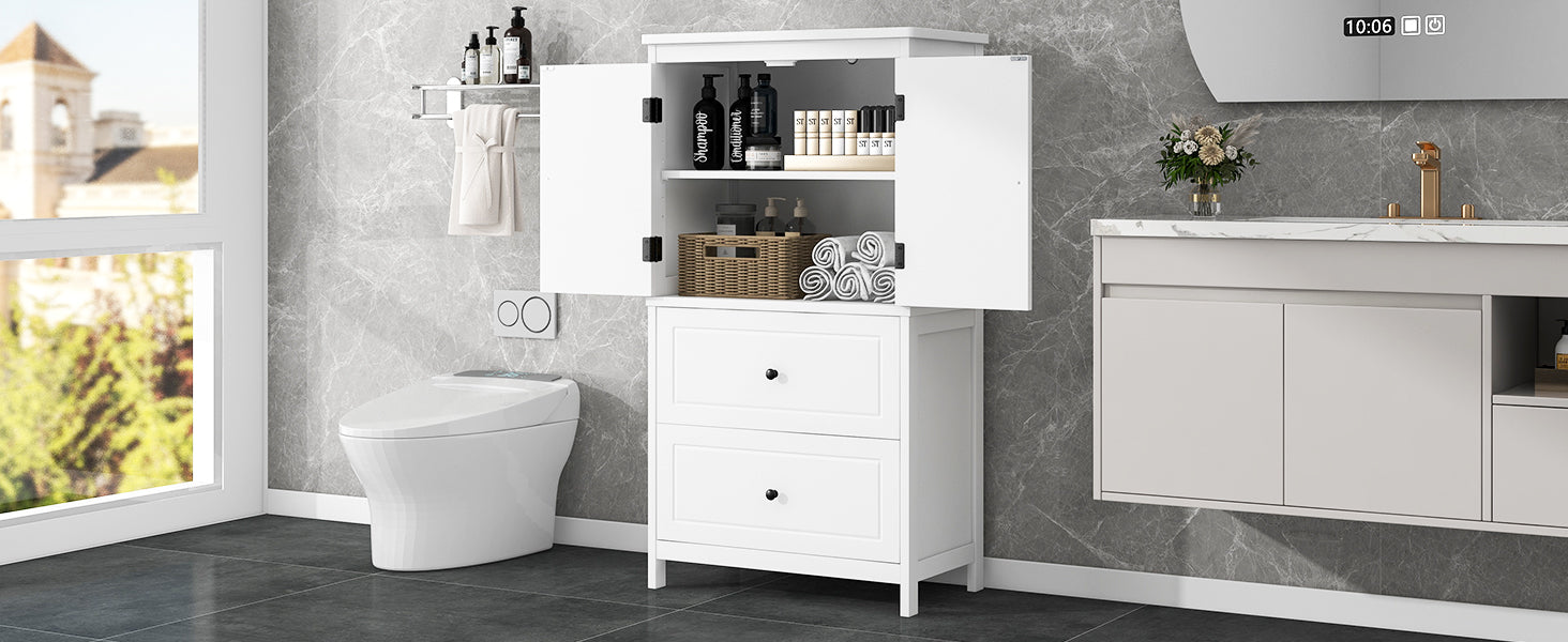 Bathroom Storage Cabinet, Cabinet with Two Doors and Drawers, Adjustable Shelf, MDF Board, White