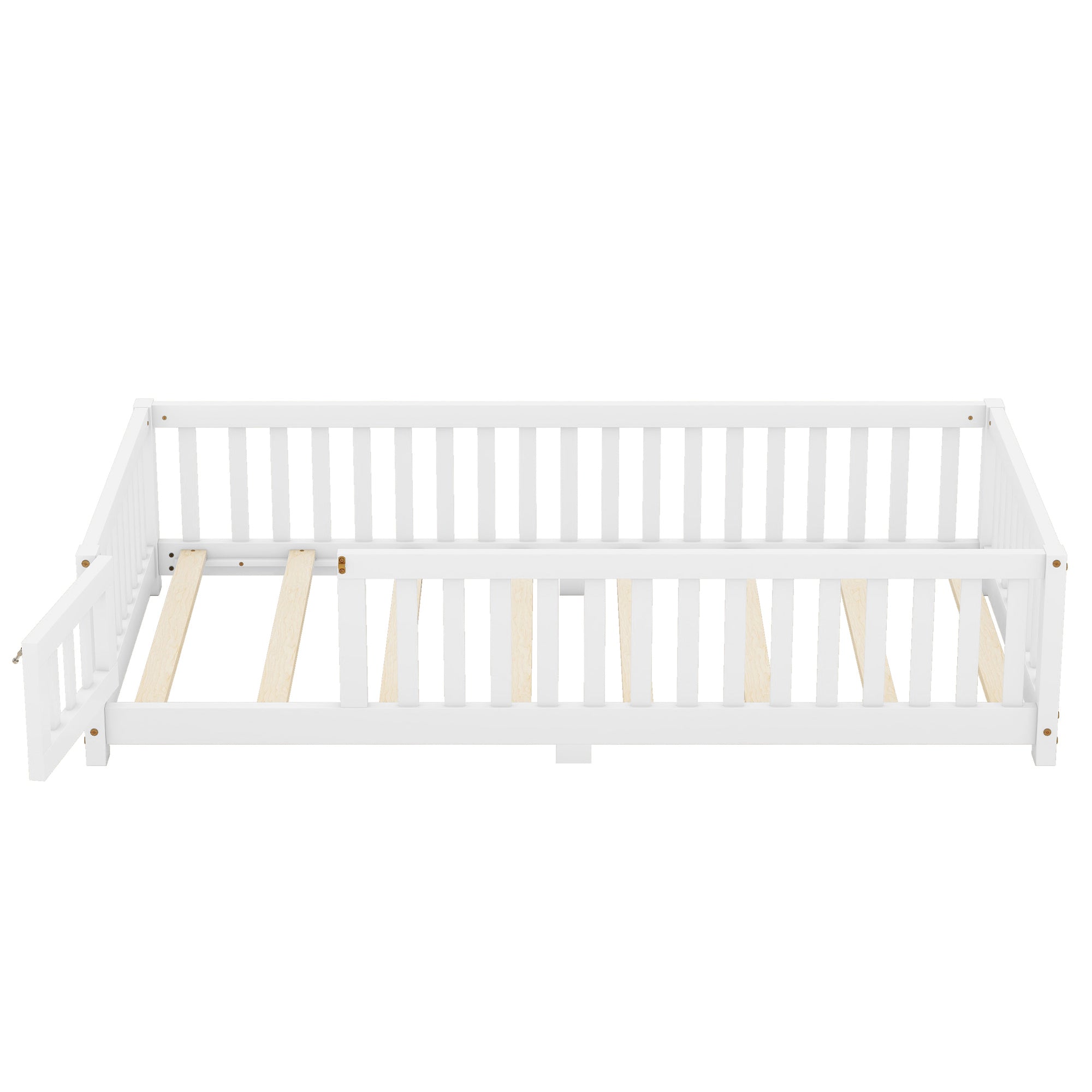 Twin Size Bed Floor Bed with Safety Guardrails and Door for Kids, White