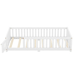 Twin Size Bed Floor Bed with Safety Guardrails and Door for Kids, White