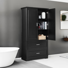 Tall Bathroom Storage Cabinet, Cabinet with Two Doors and Drawers, Adjustable Shelf, MDF Board, Black