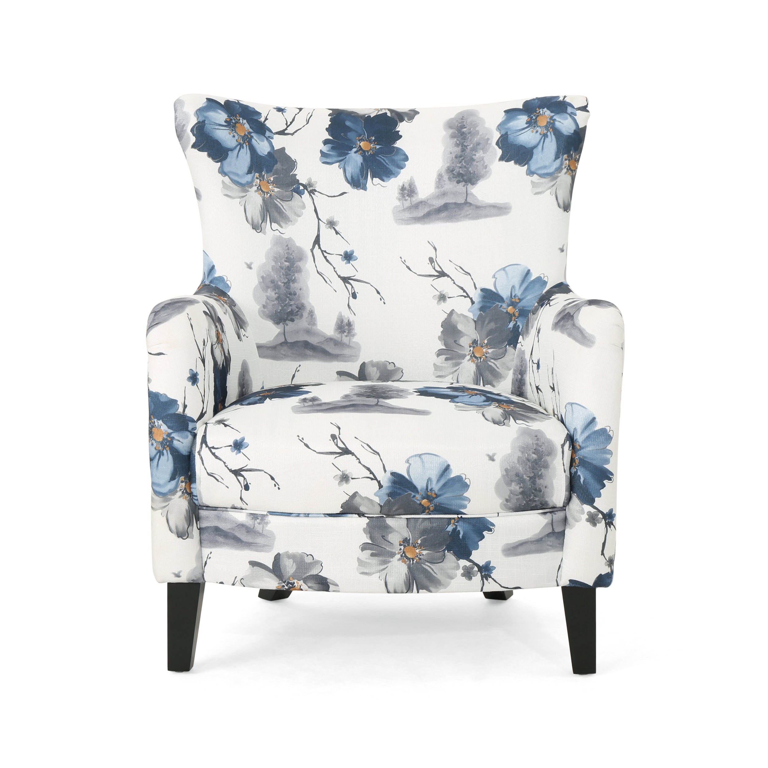 Modern retro printed fabric cushioned club chair, white and blue patterned armchair