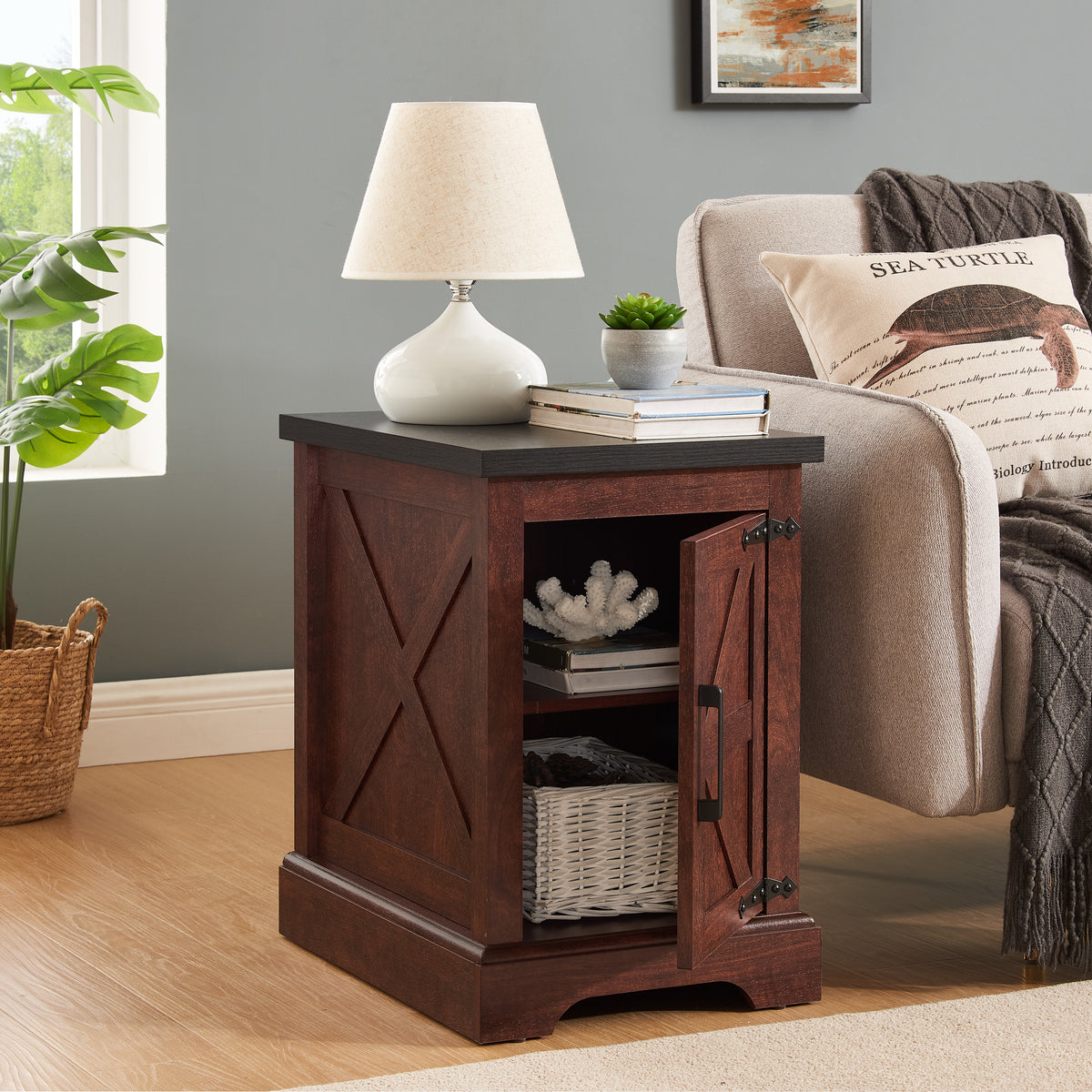 Farmhouse tea table bedside table rectangular farmhouse tea table with barn door and adjustable storage rack OAK