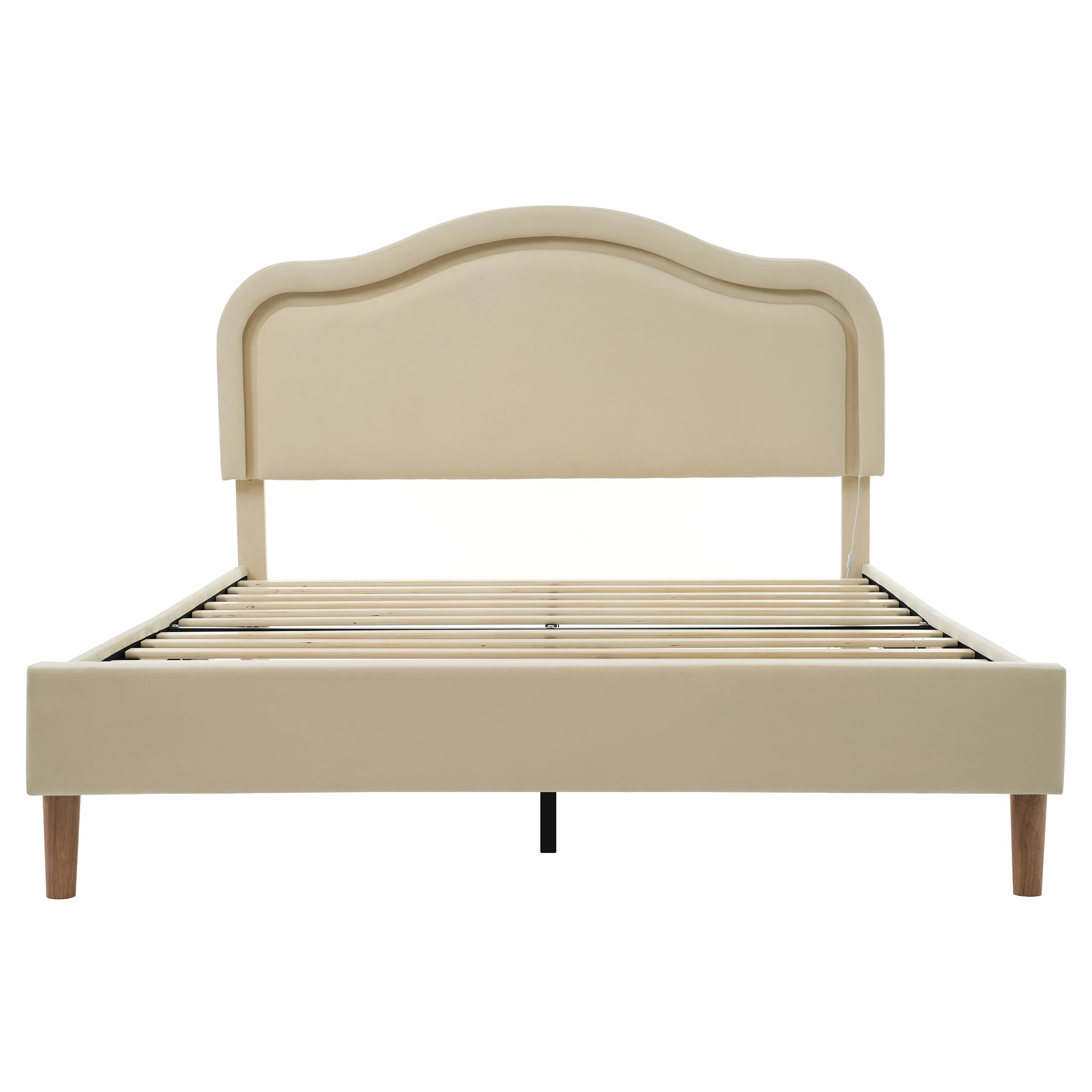 Full Size Velvet Upholstered Smart LED Bed Frame with Adjustable Height Headboard,No Box Spring Needed,Easy Assembly,Beige