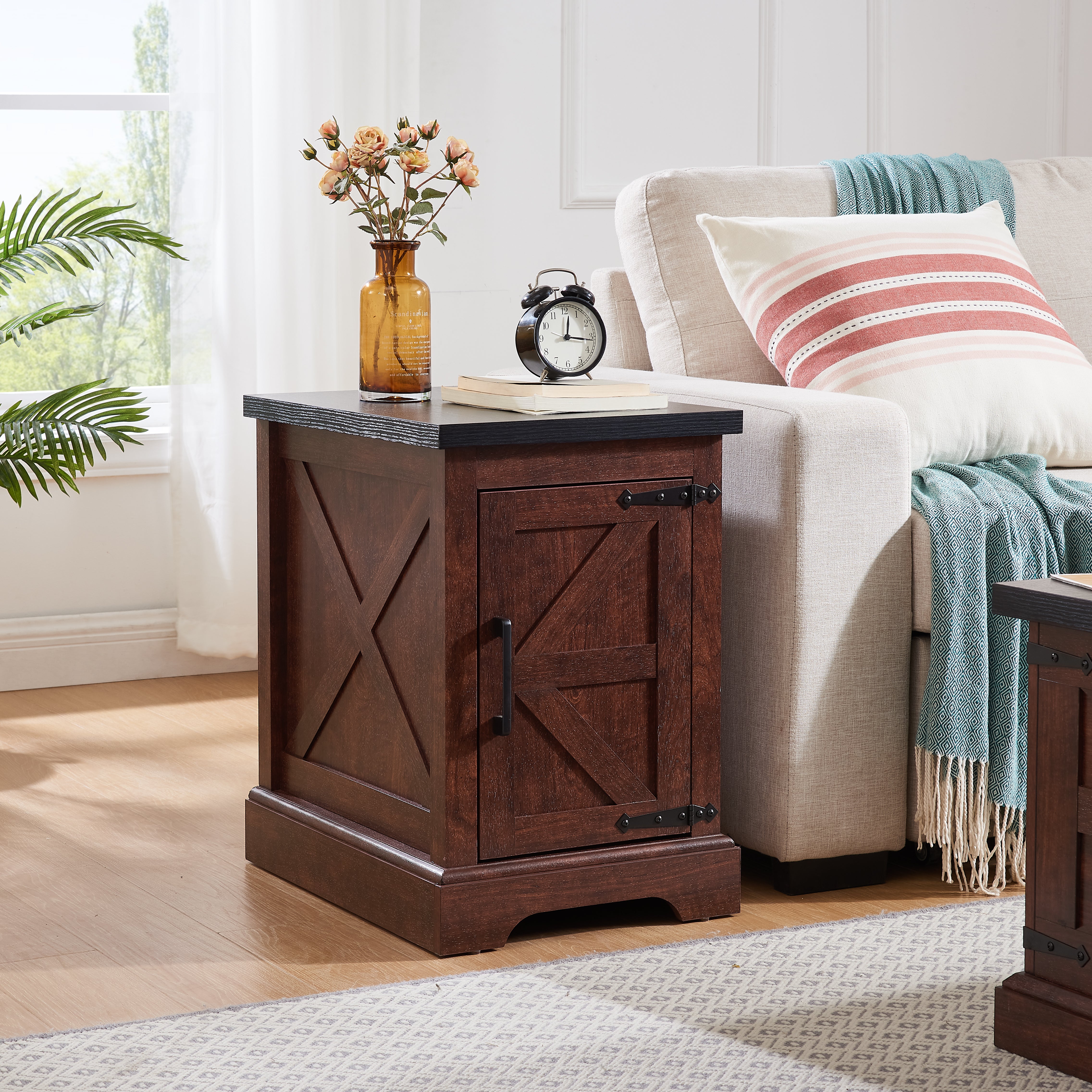 Farmhouse tea table bedside table rectangular farmhouse tea table with barn door and adjustable storage rack OAK