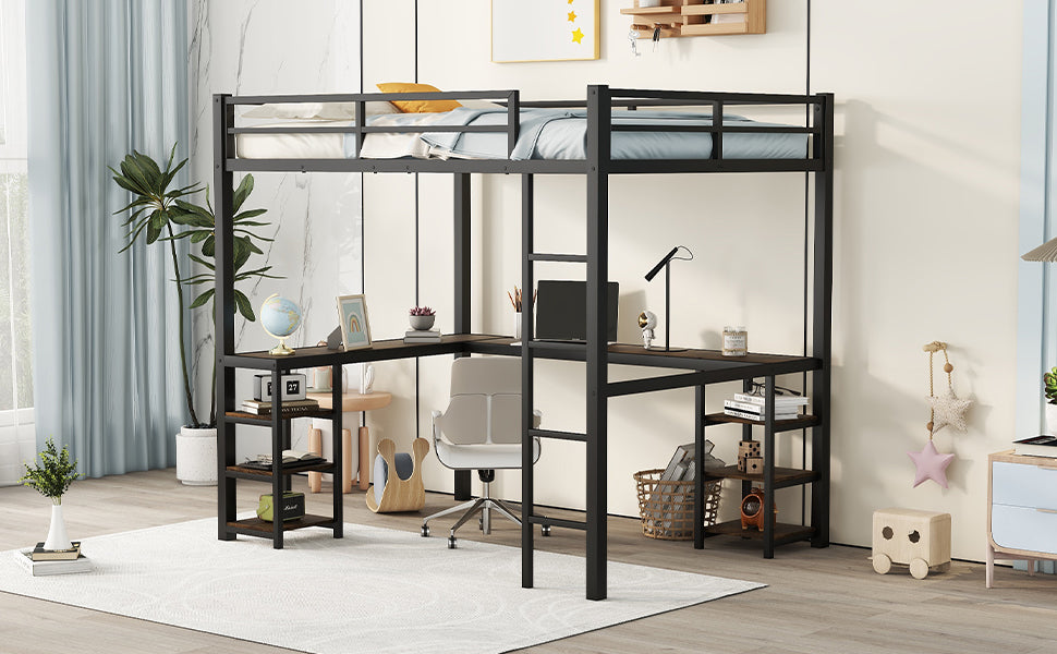 Full metal loft bed with desk and shelf, loft bed with ladder and guardrail, black with retro wood desk