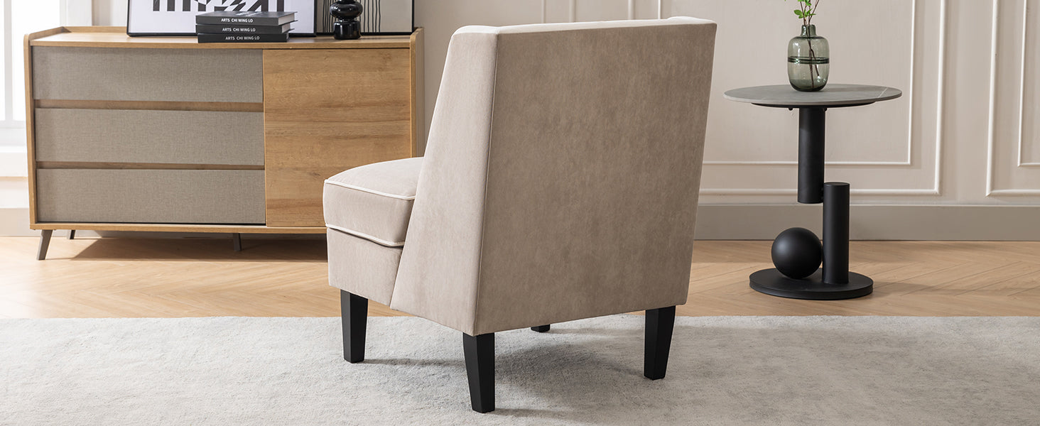 Velvet Upholstered Accent Chair with Cream Piping, Tan and Cream