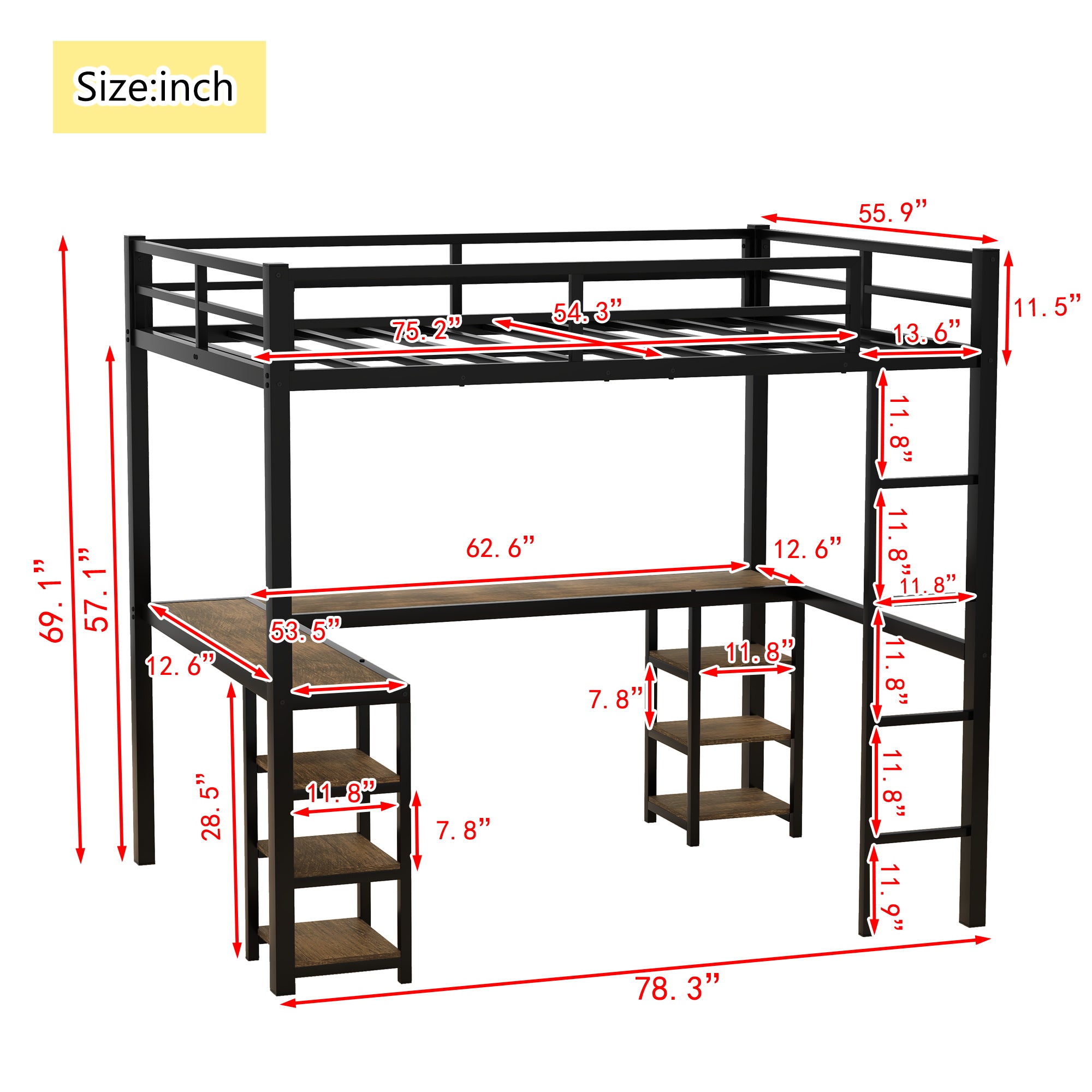 Full metal loft bed with desk and shelf, loft bed with ladder and guardrail, black with retro wood desk