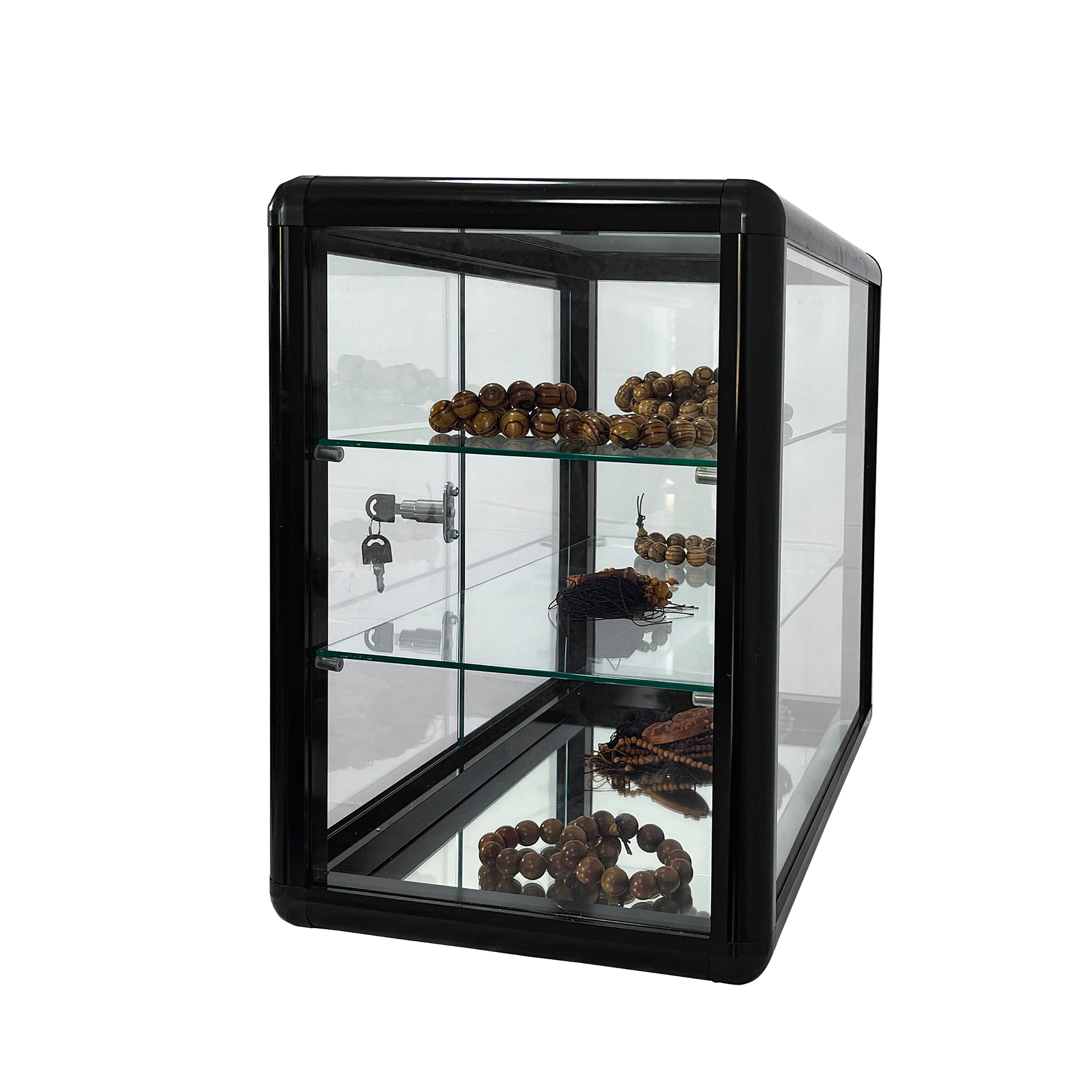 Tempered glass counter top display cabinet with sliding glass door and lock, standard aluminum frame