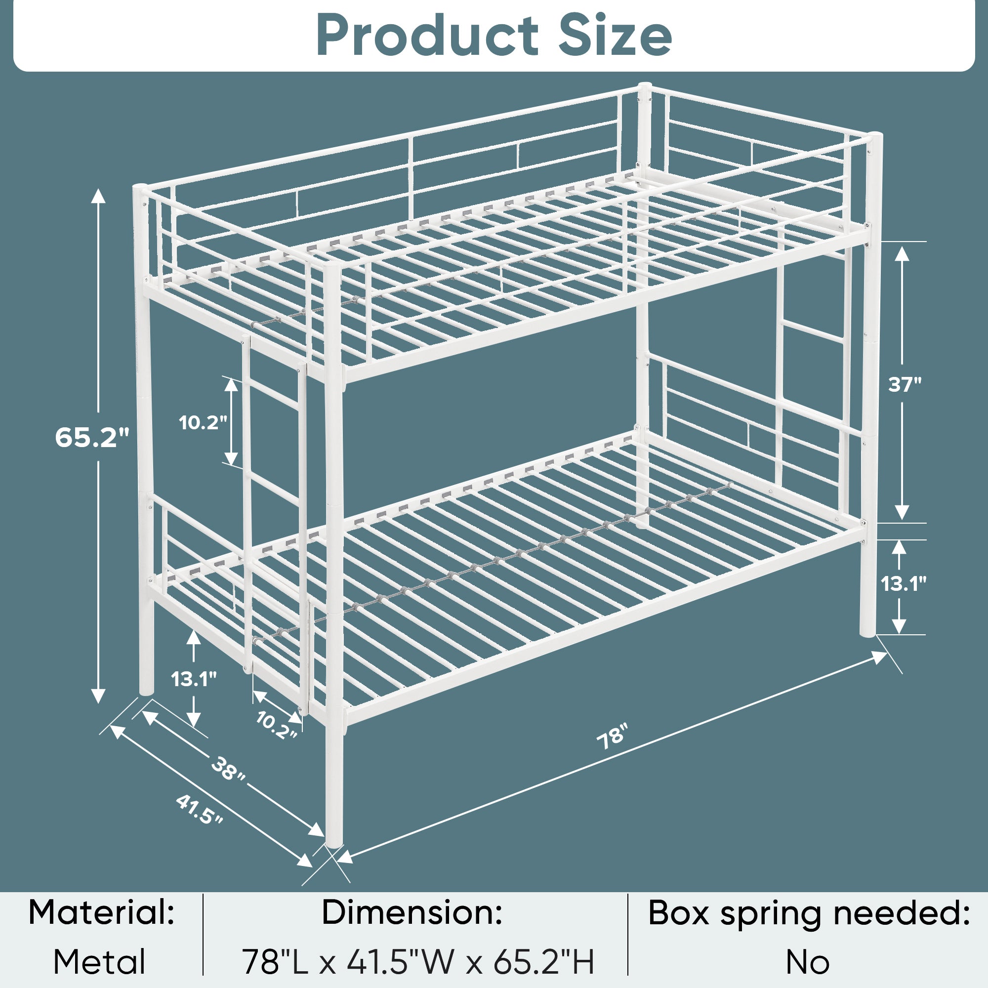 Twin metal bunk beds, metal structure bed frame with safety guardrails and 2 ladders, convertible bunk beds, white