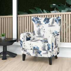 Modern retro printed fabric cushioned club chair, white and blue patterned armchair