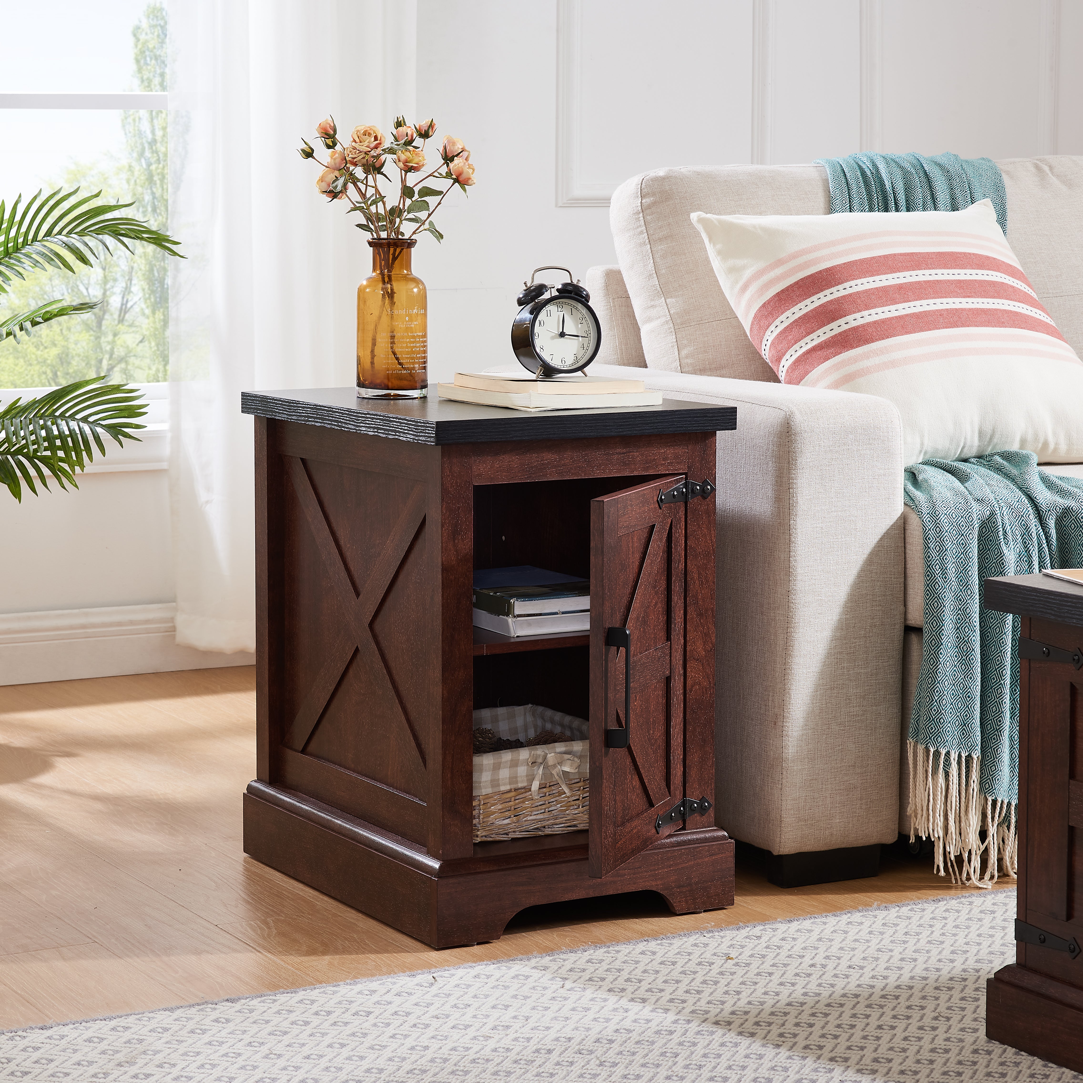 Farmhouse tea table bedside table rectangular farmhouse tea table with barn door and adjustable storage rack OAK