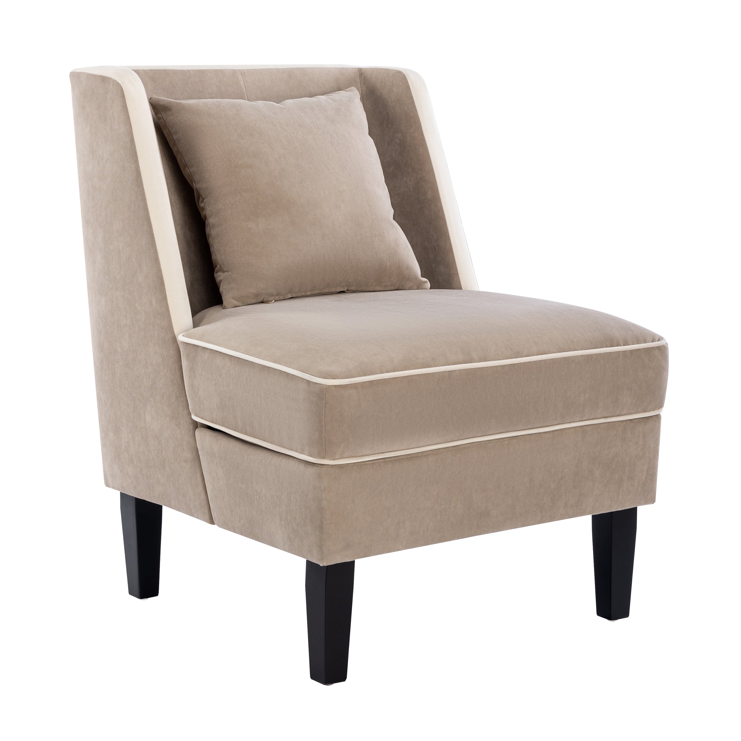 Velvet Upholstered Accent Chair with Cream Piping, Tan and Cream