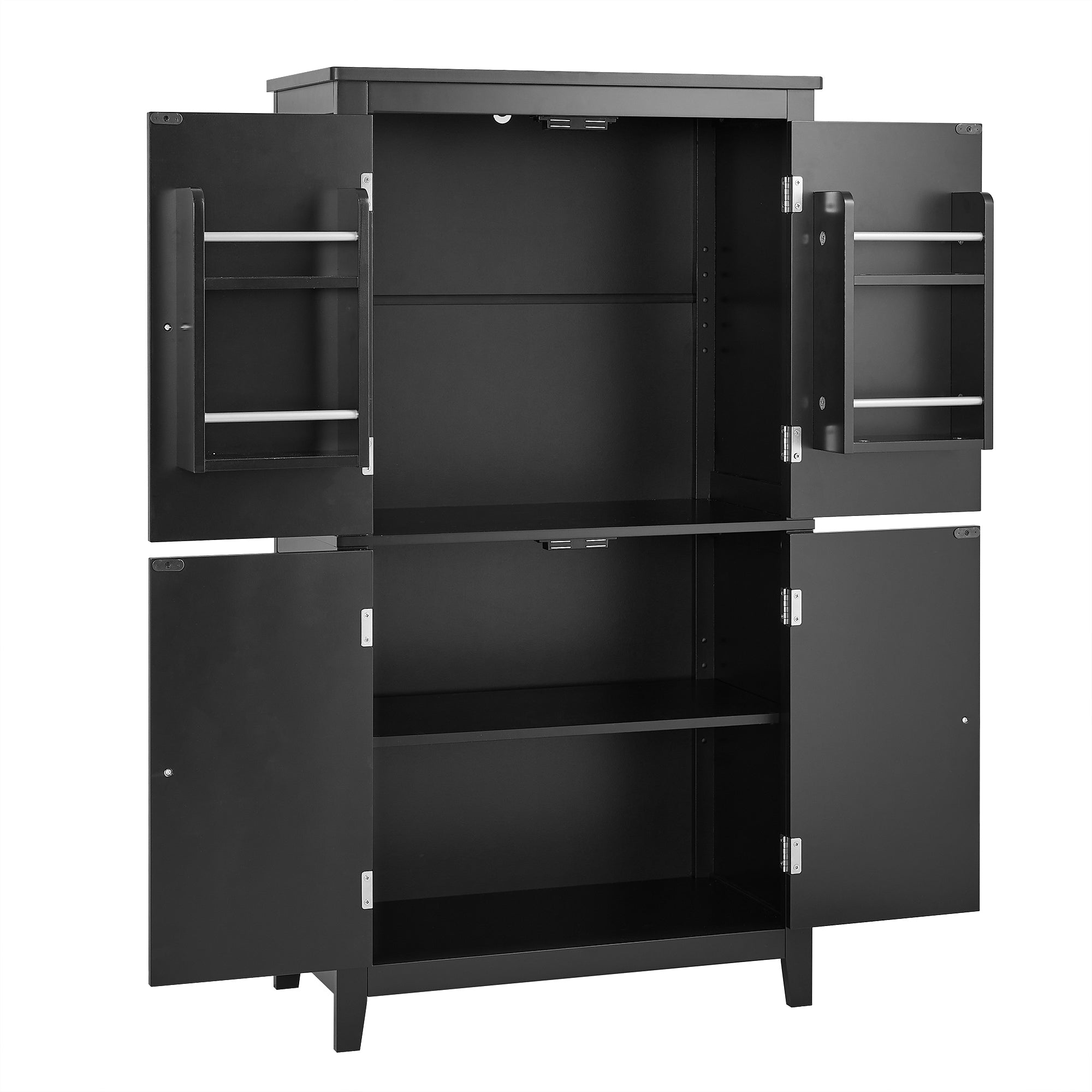 Bathroom floor storage cabinet, bathroom storage cabinet, 4-door independent cabinet, adjustable shelf, adaptive shelf, black