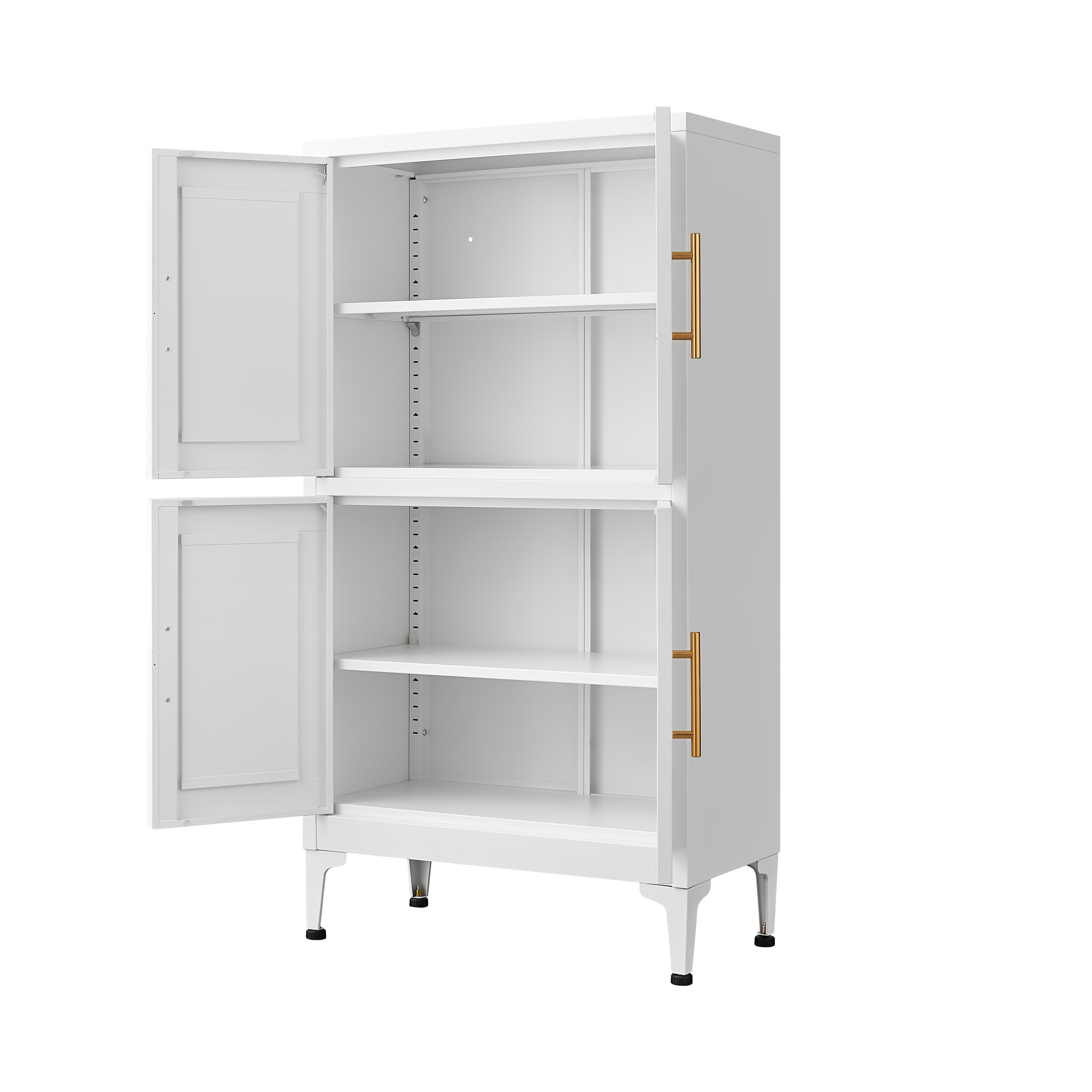 White metal kitchen storage cabinet, kitchen pantry storage cabinet with door and shelf, adjustable leveling feet