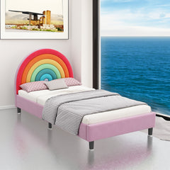 Rainbow Design Upholstered Twin Platform Bed Cute Style Princess Bed for Boys & Girls, Teens, Colorful & Pink