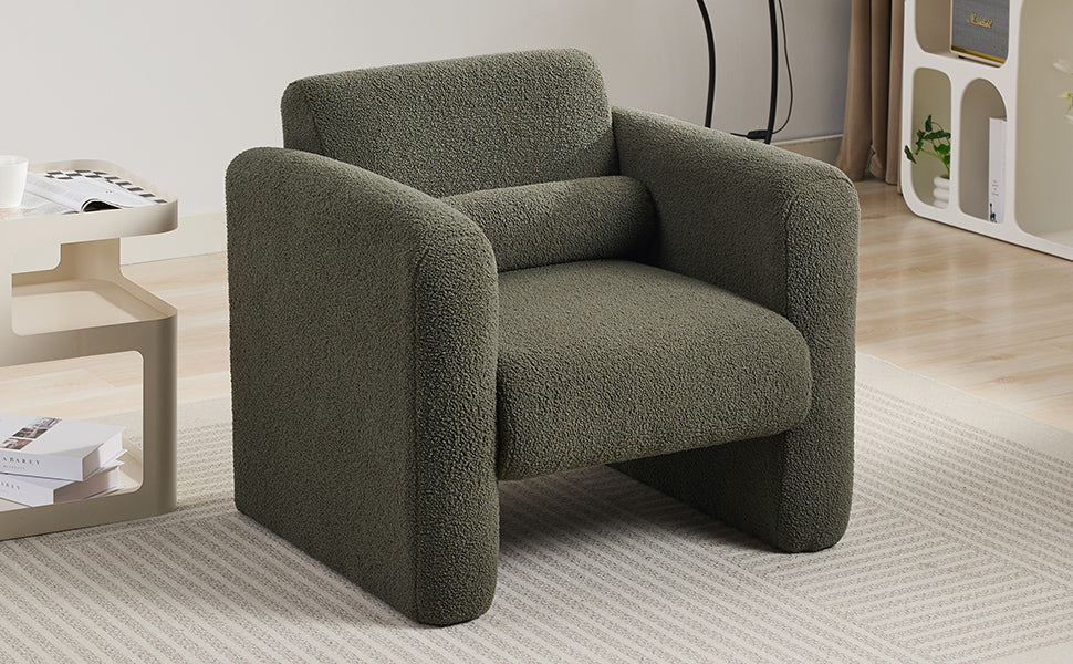 Modern style chair with sheepskin Sherpa fabric soft cushion, comfortable armchair, soft with backrest and pillow, seaweed green